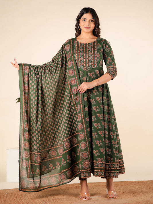 Cotton Voile Block Print Green Dupatta