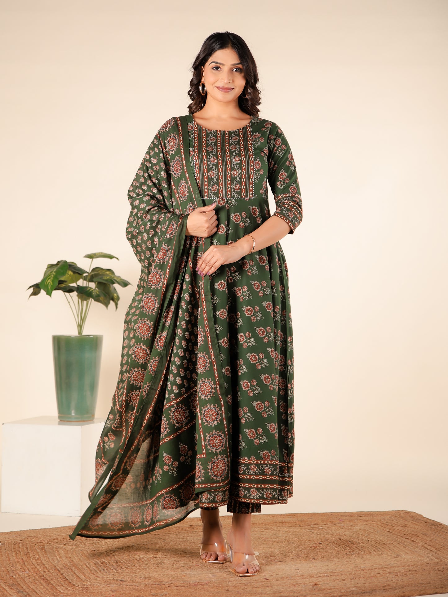 Cotton Voile Block Print Green Dupatta