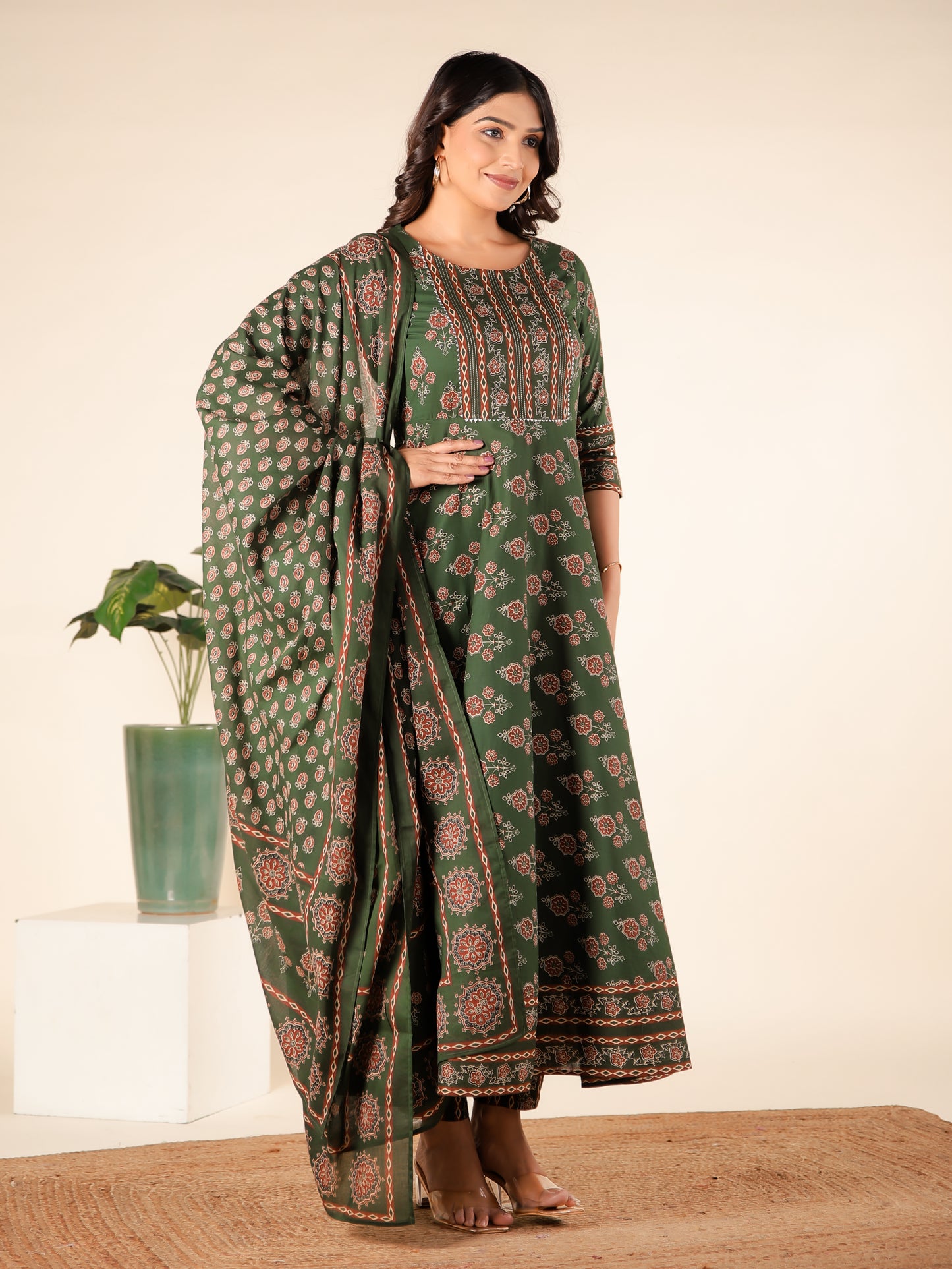 Cotton Voile Block Print Green Dupatta