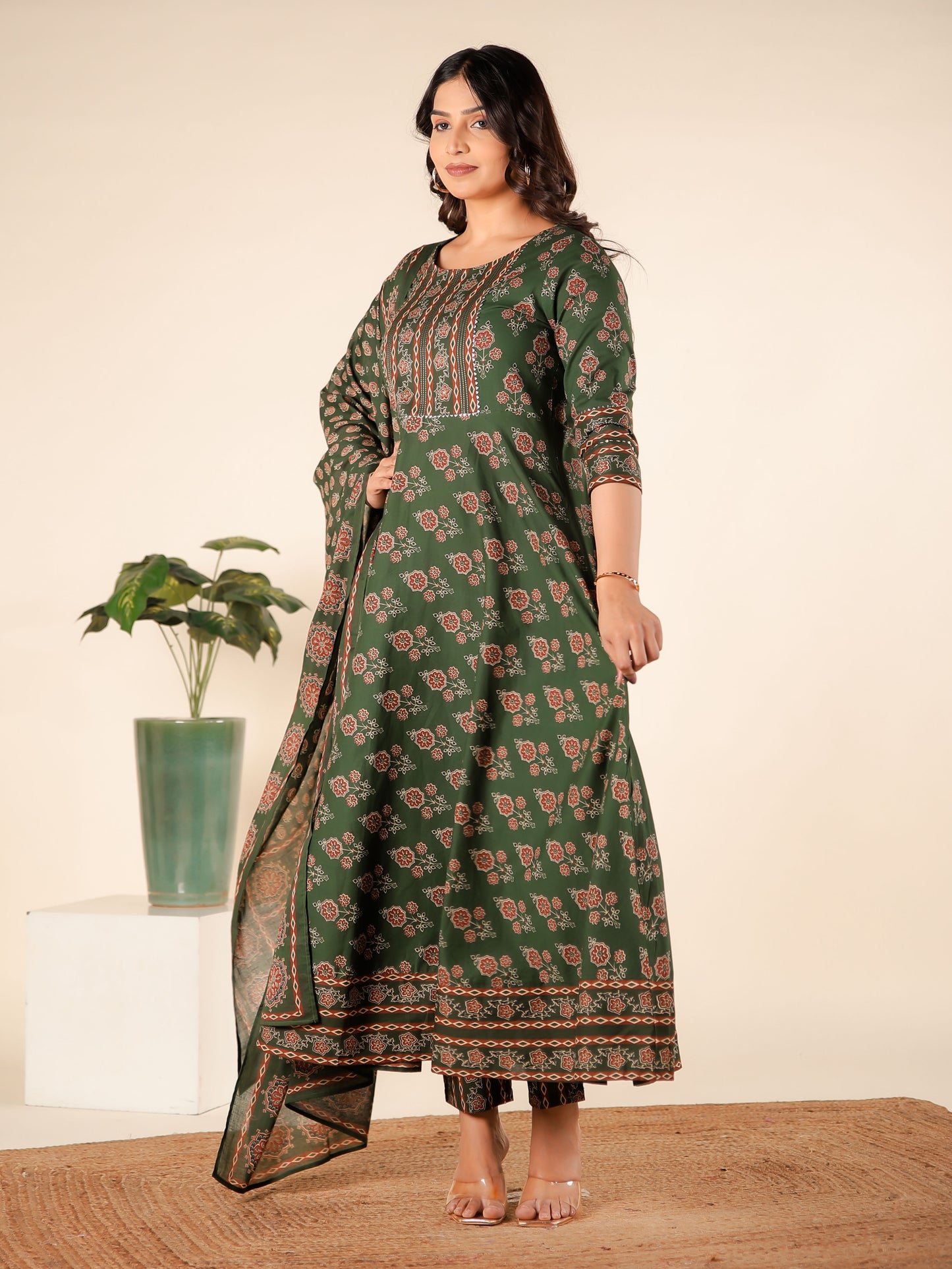 Embroidered Soft Cotton Block Print Anarkali Green Kurta