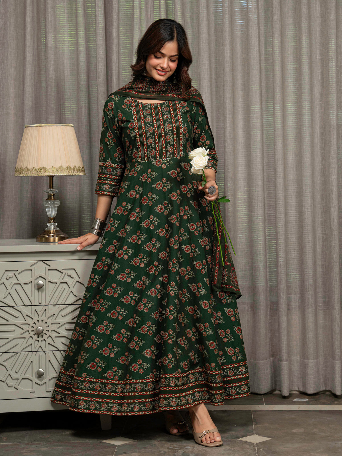 Embroidered Soft Cotton Block Print Anarkali Green Kurta