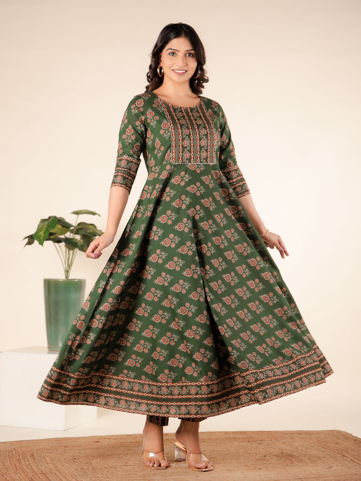 Embroidered Soft Cotton Block Print Anarkali Green Kurta