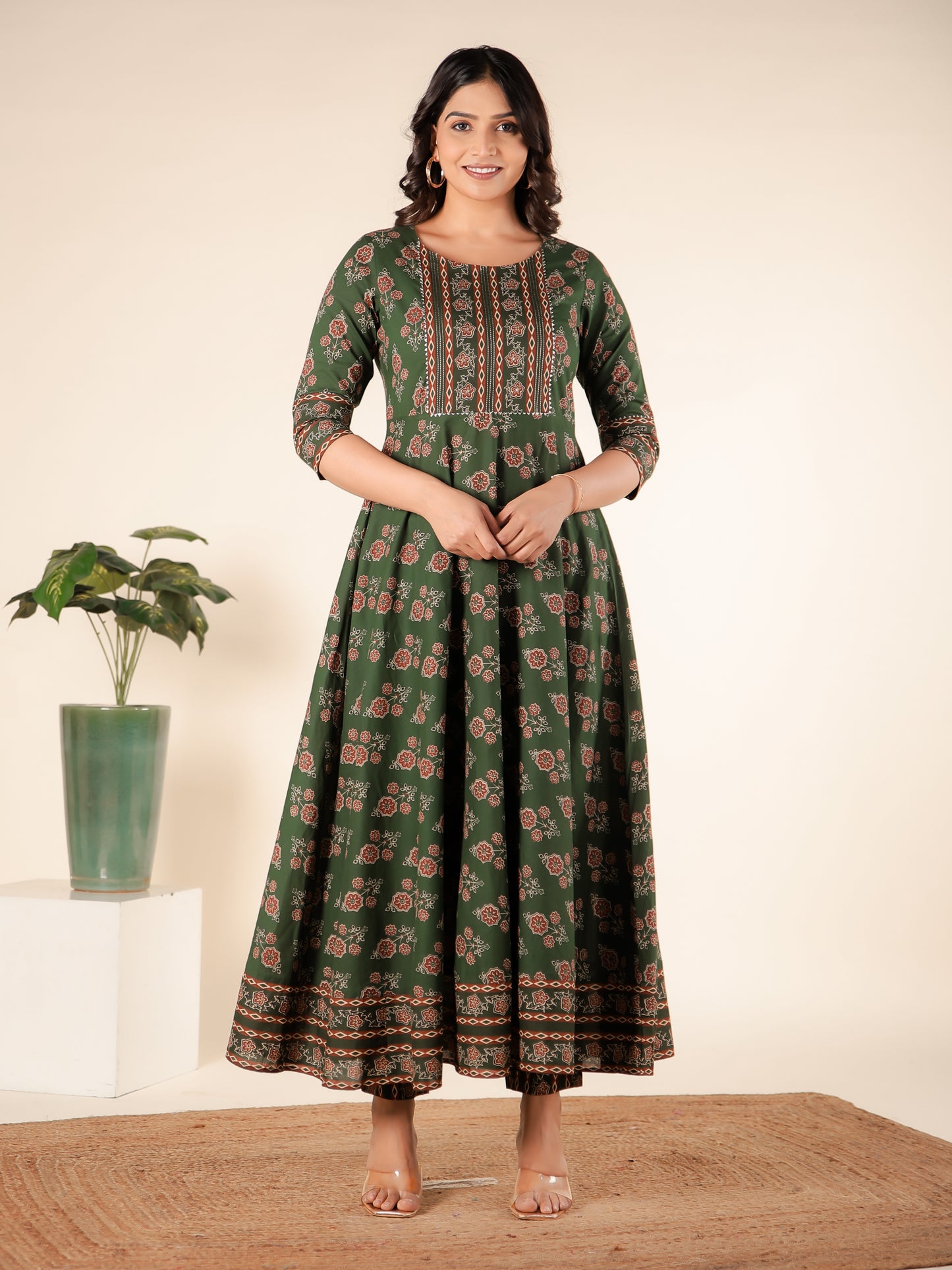 Embroidered Soft Cotton Block Print Anarkali Green Kurta