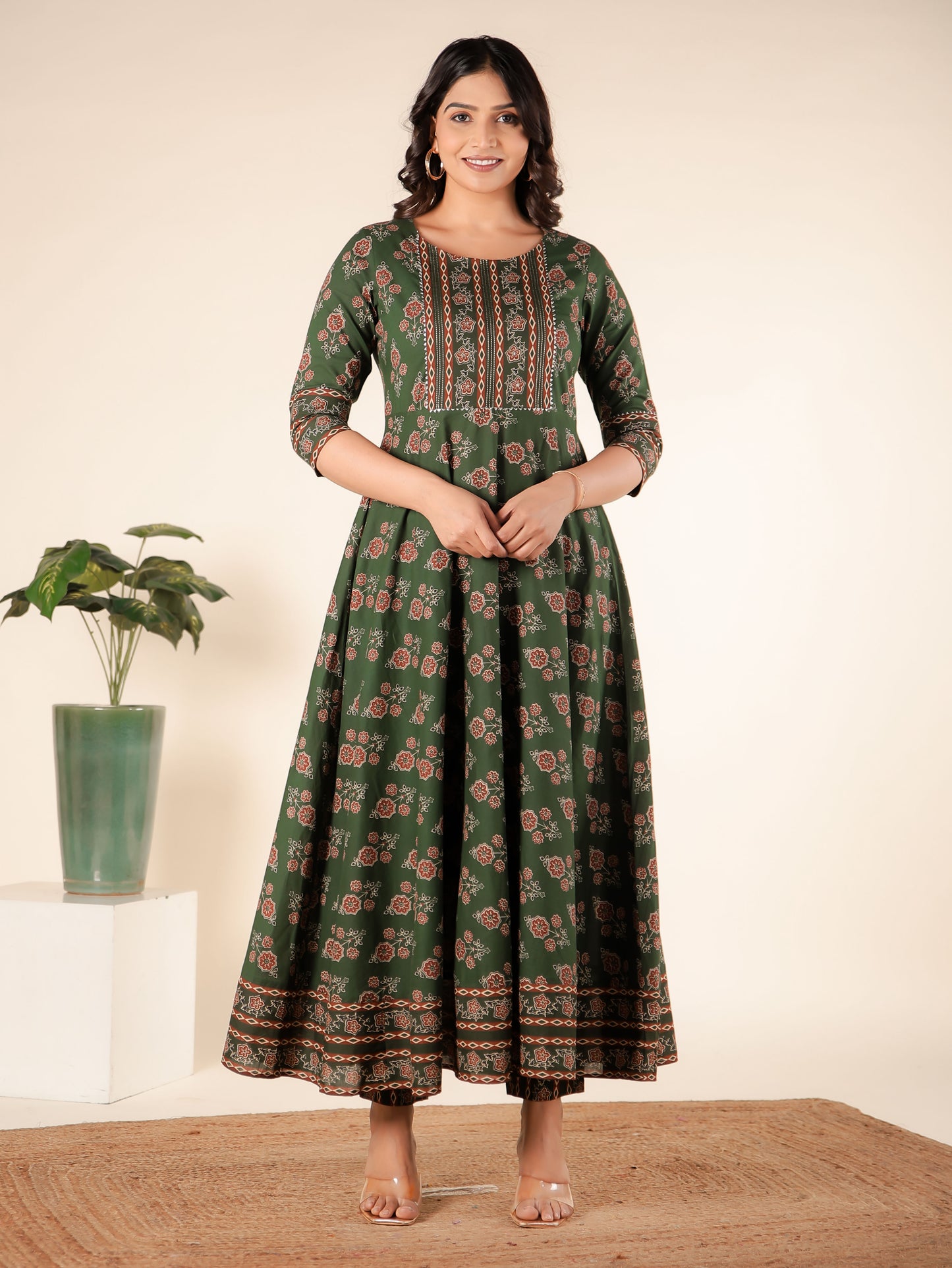 Embroidered Soft Cotton Block Print Anarkali Green Kurta