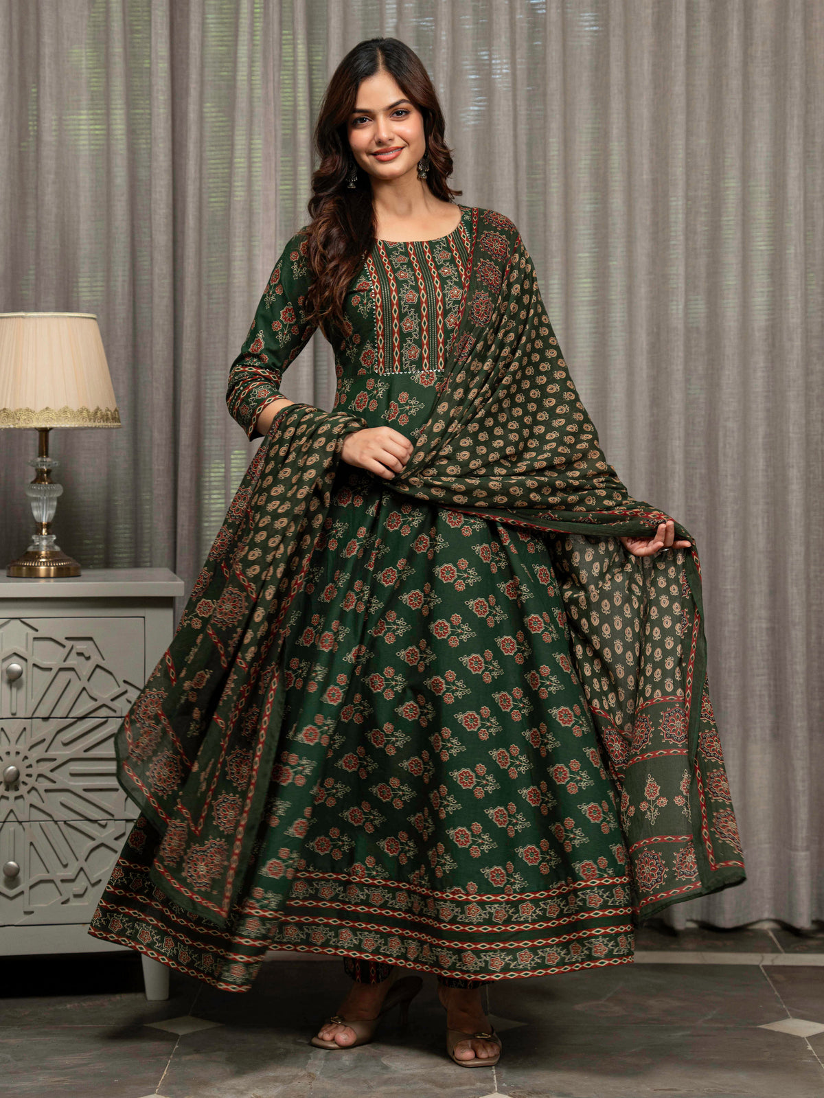 Embroidered Soft Cotton Block Print Anarkali Green Kurta