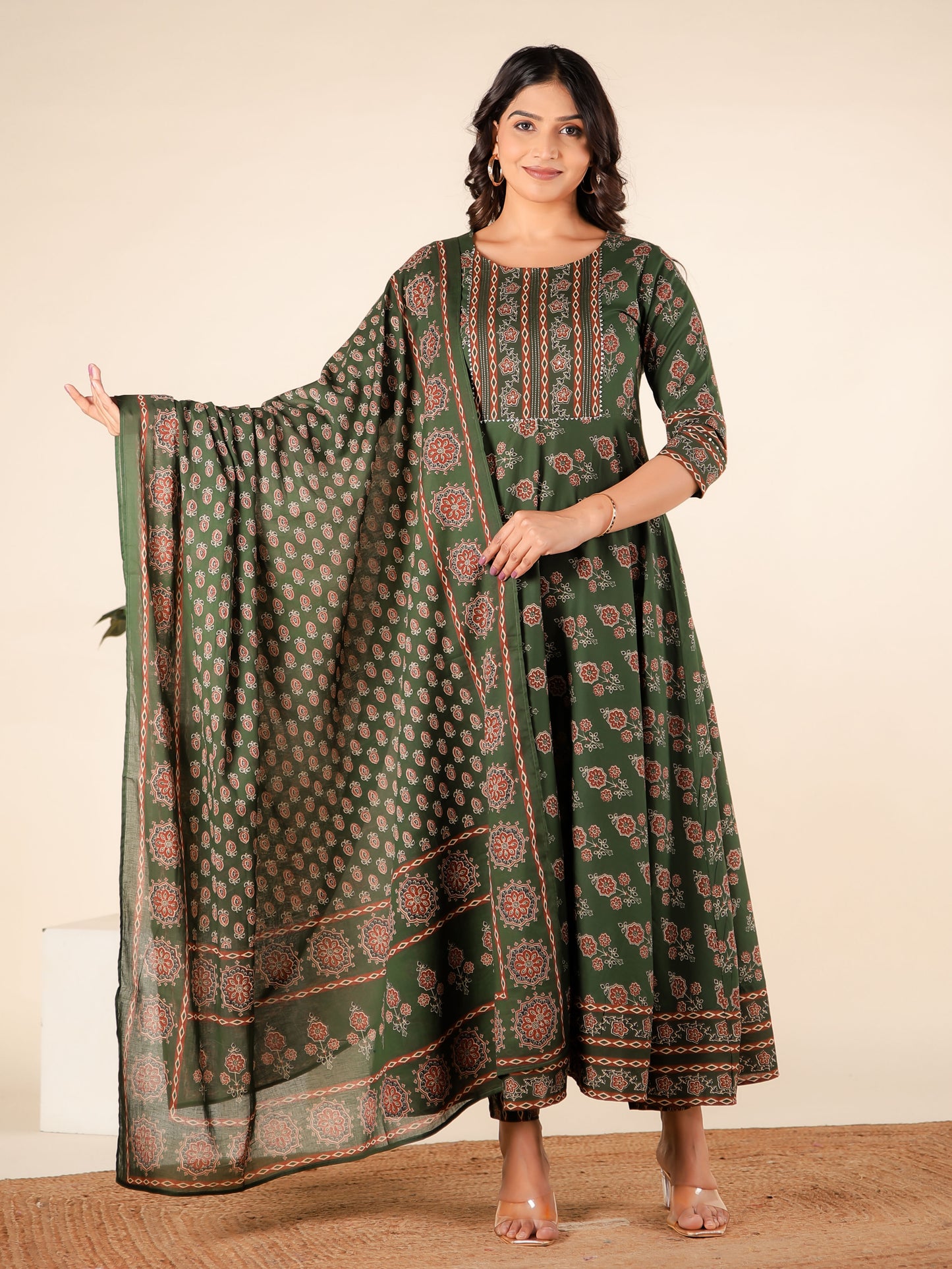 Embroidered Soft Cotton Block Print Anarkali Green Kurta