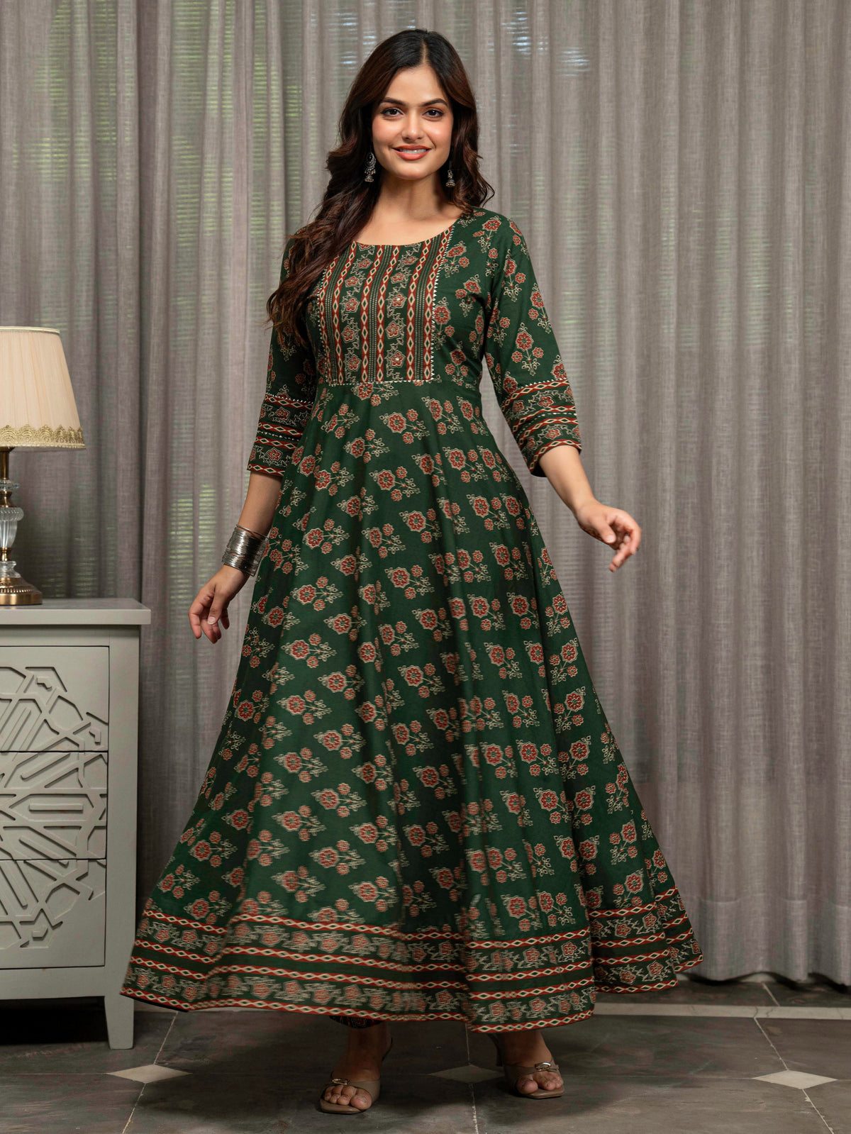 Embroidered Soft Cotton Block Print Anarkali Green Kurta