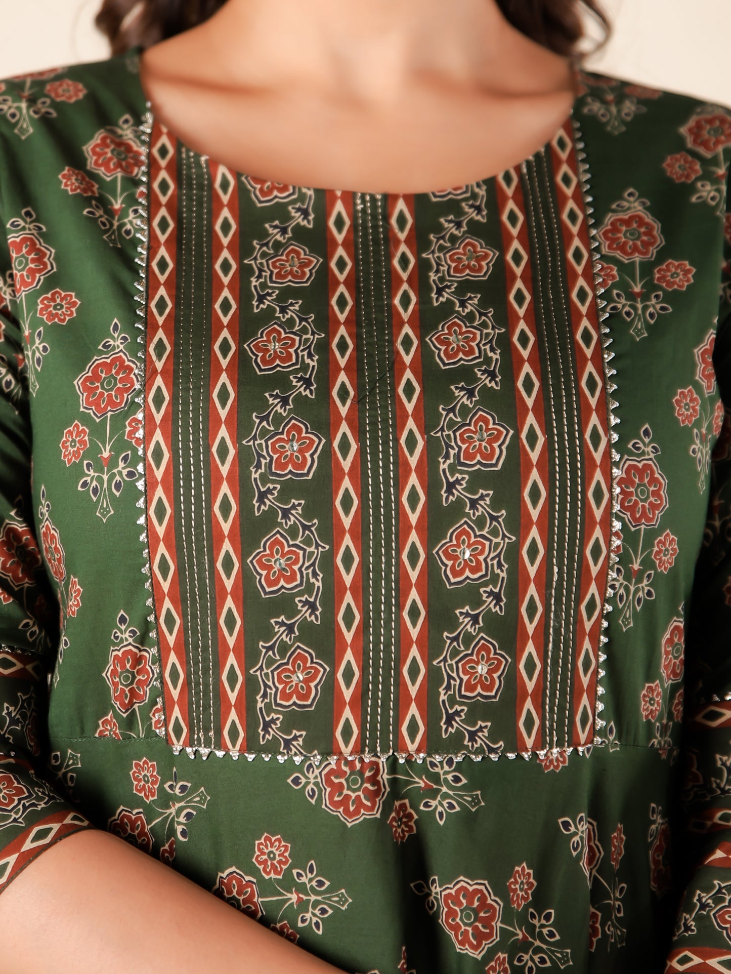 Embroidered Soft Cotton Block Print Anarkali Green Kurta