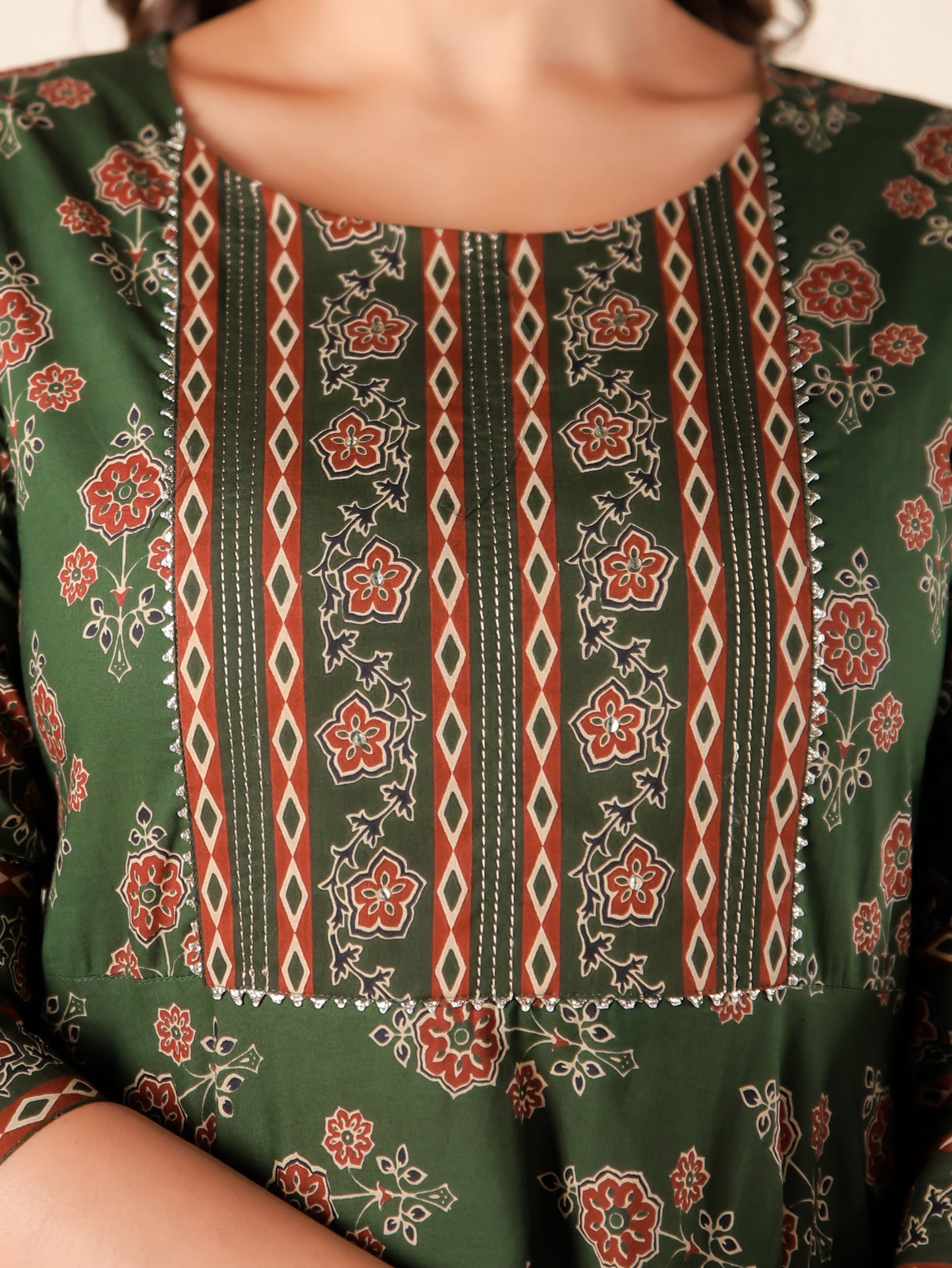 Embroidered Soft Cotton Block Print Anarkali Green Kurta