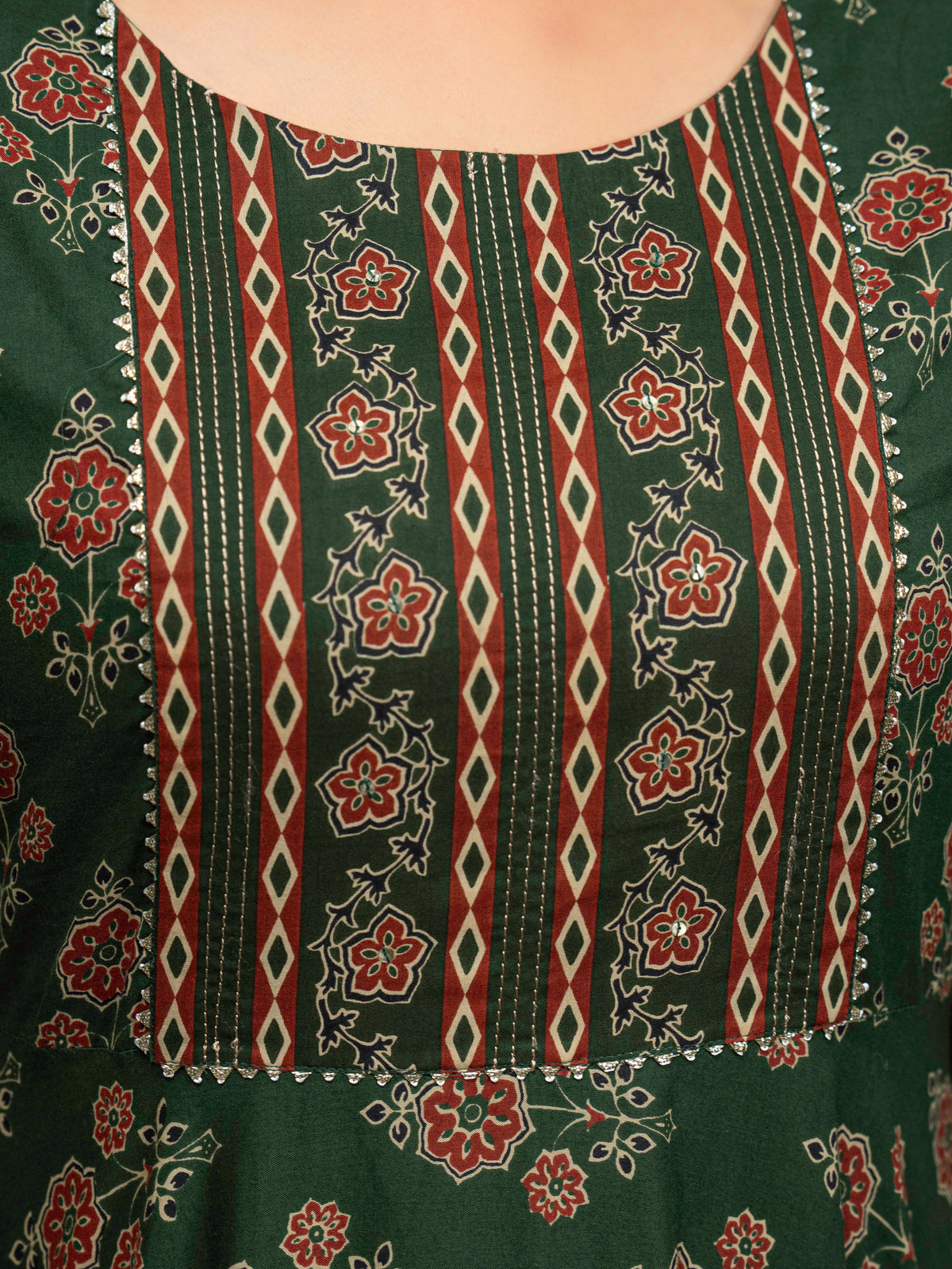 Embroidered Soft Cotton Block Print Anarkali Green Kurta