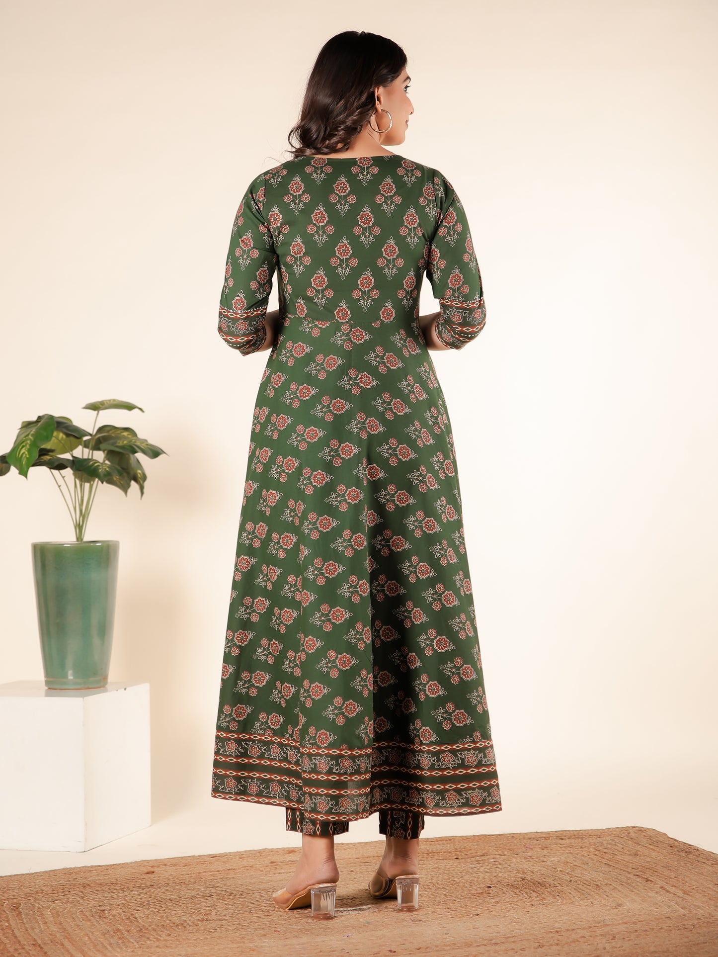 Embroidered Soft Cotton Block Print Anarkali Green Kurta