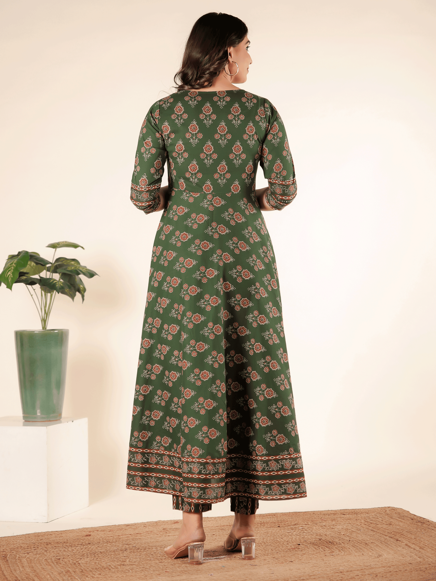 Embroidered Soft Cotton Block Print Anarkali Green Kurta