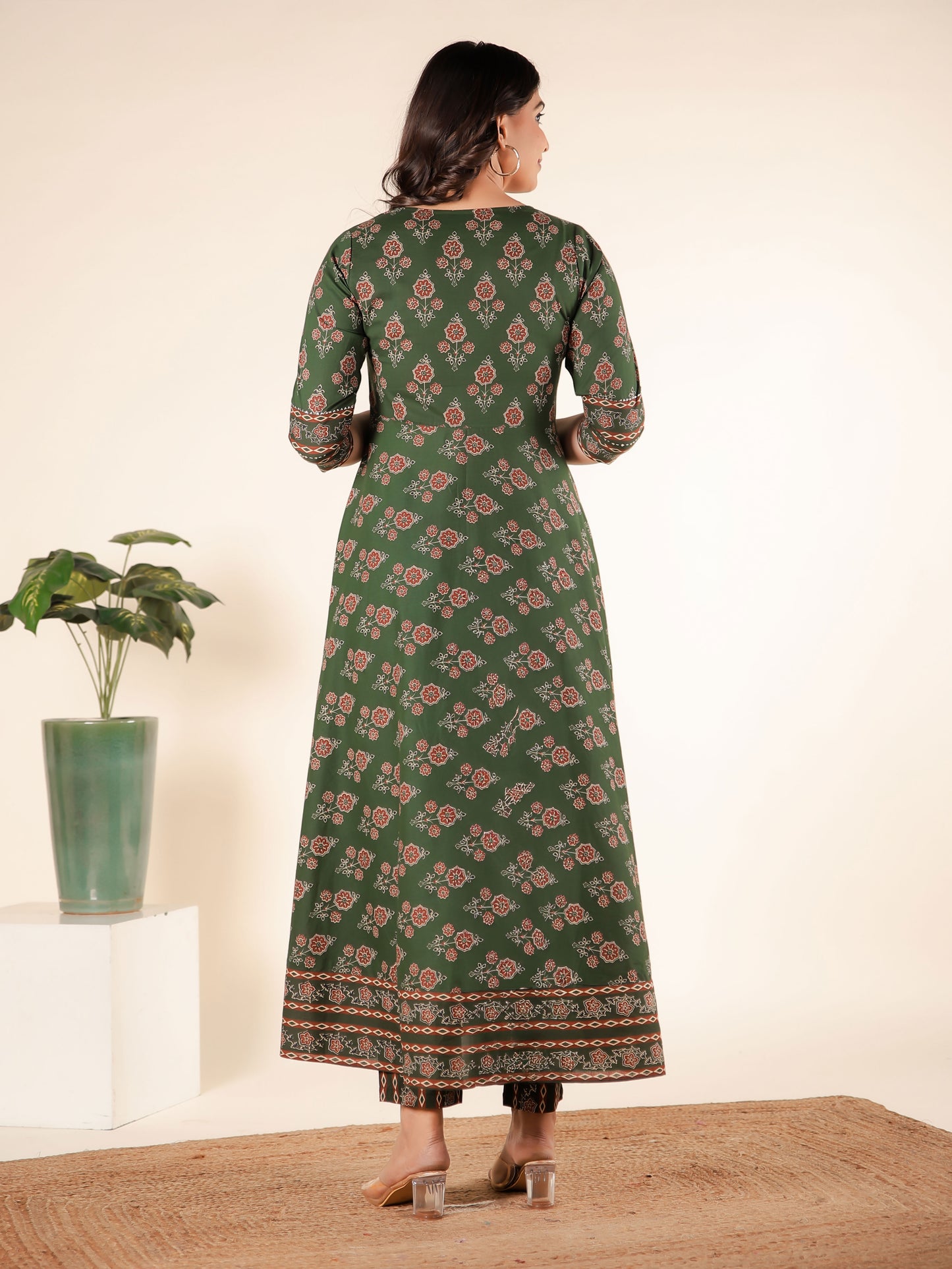 Embroidered Soft Cotton Block Print Anarkali Green Kurta