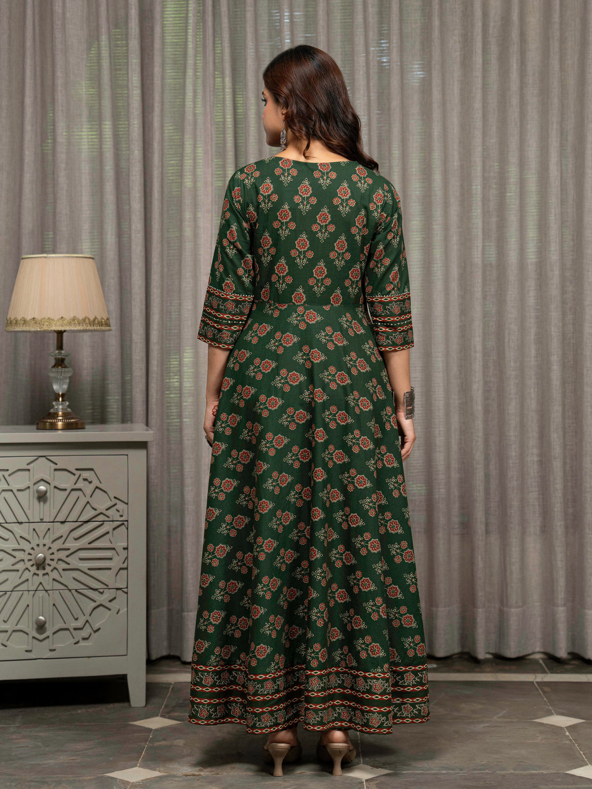Embroidered Soft Cotton Block Print Anarkali Green Kurta