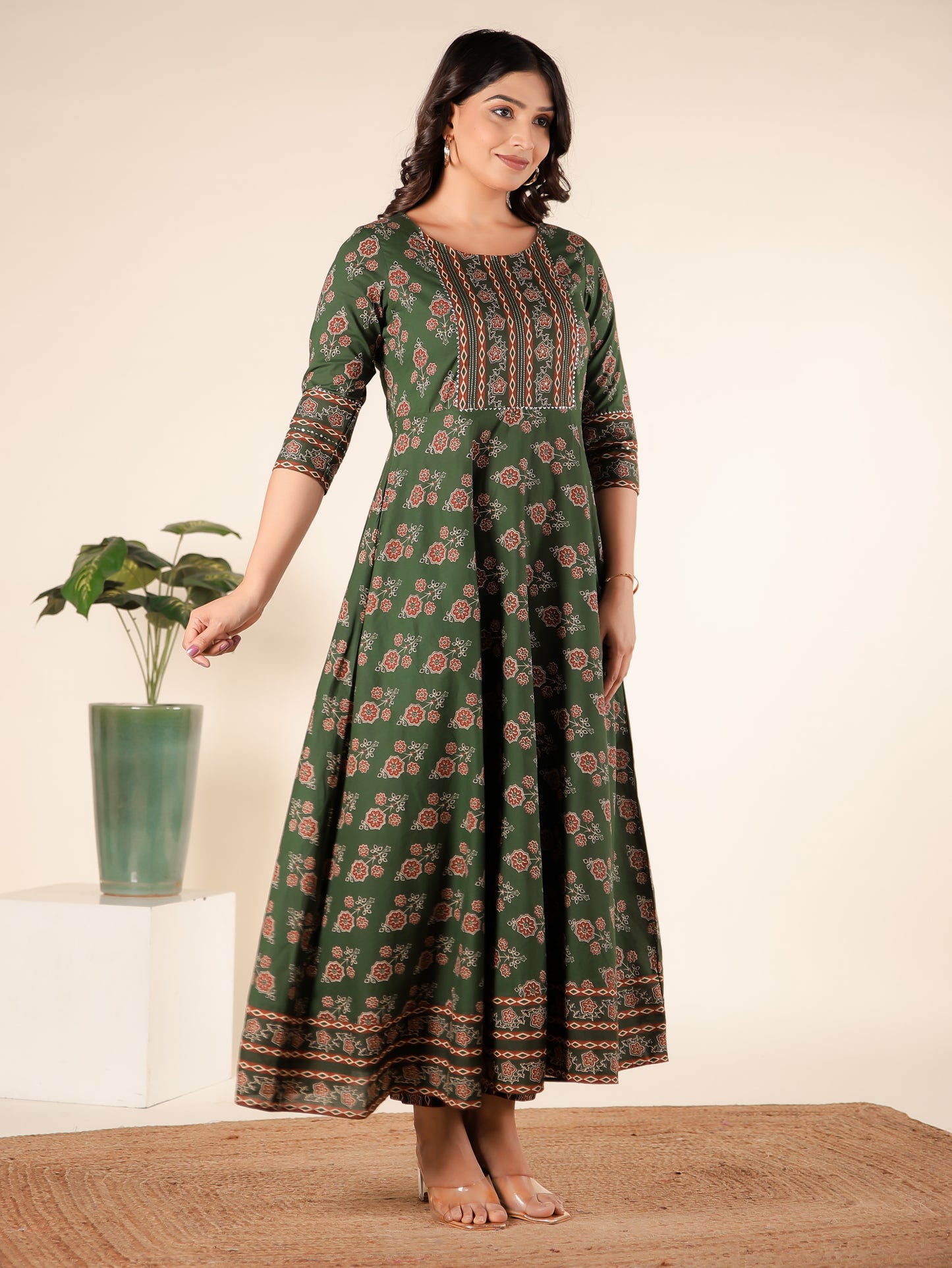Embroidered Soft Cotton Block Print Anarkali Green Kurta