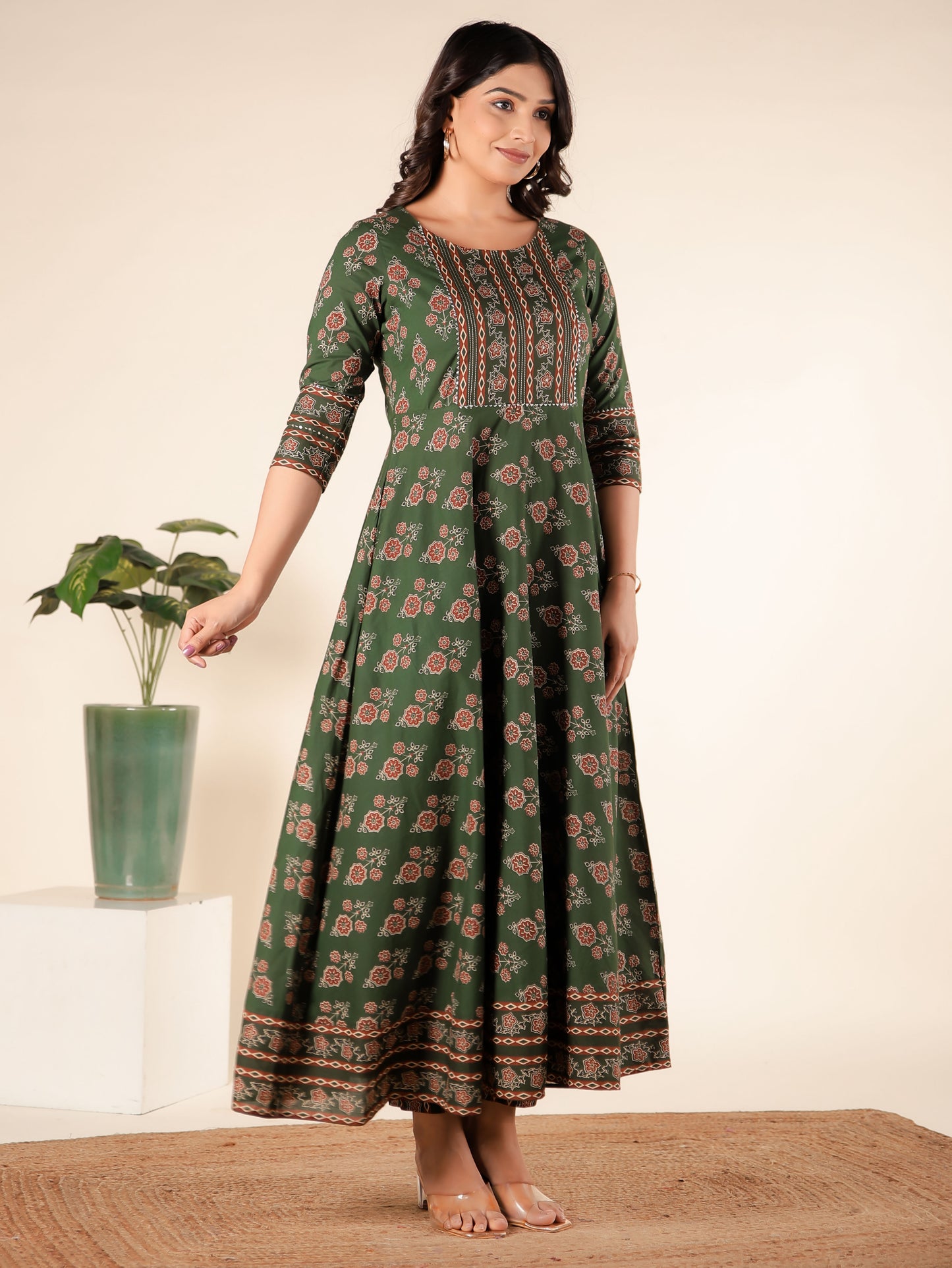 Embroidered Soft Cotton Block Print Anarkali Green Kurta