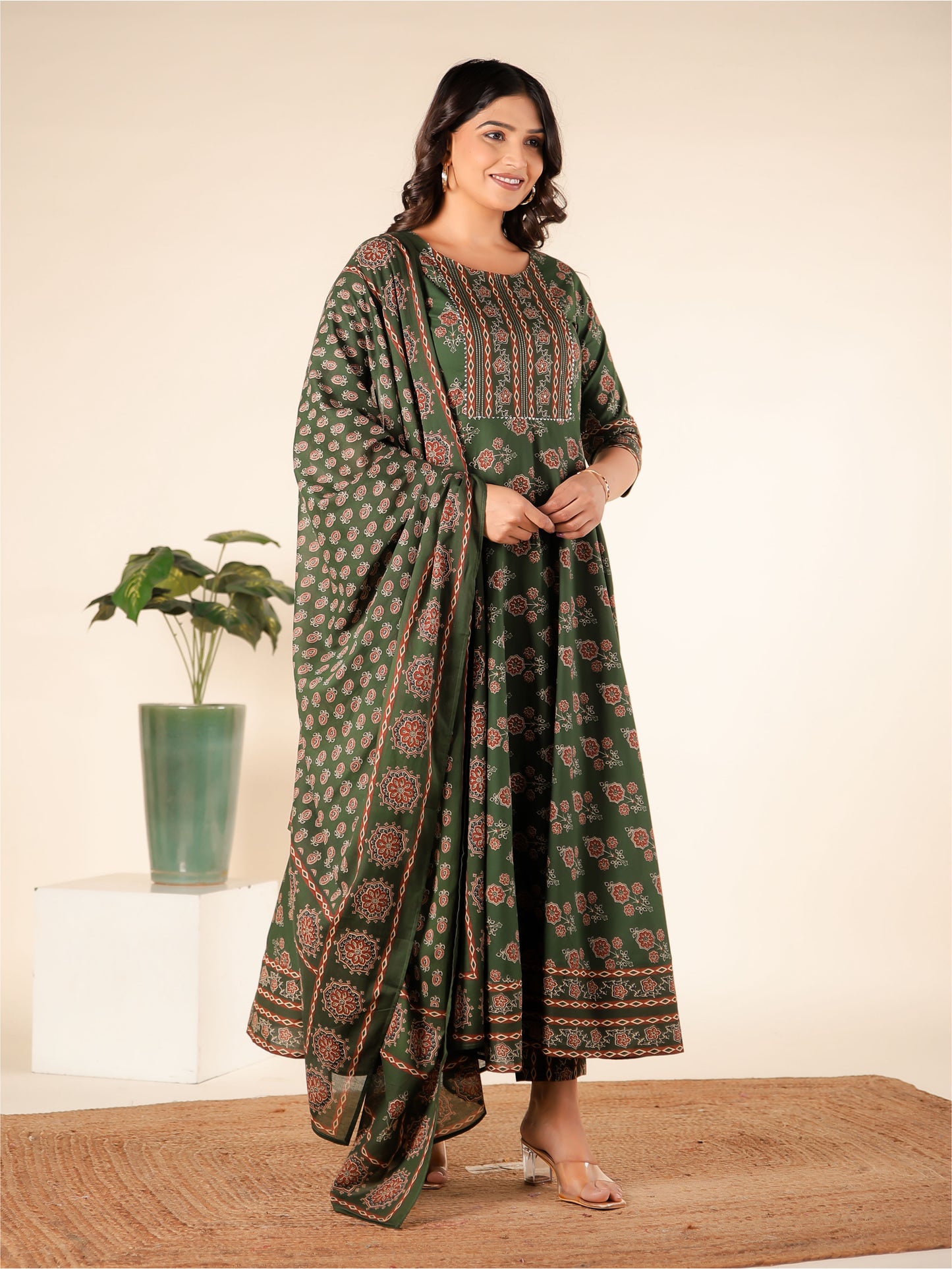 Embroidered Soft Cotton Block Print Anarkali Green Kurta