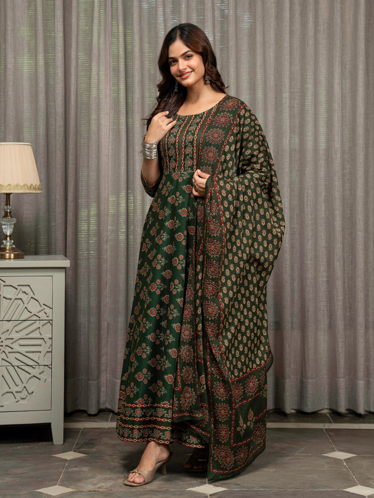 Embroidered Soft Cotton Block Print Anarkali Green Kurta