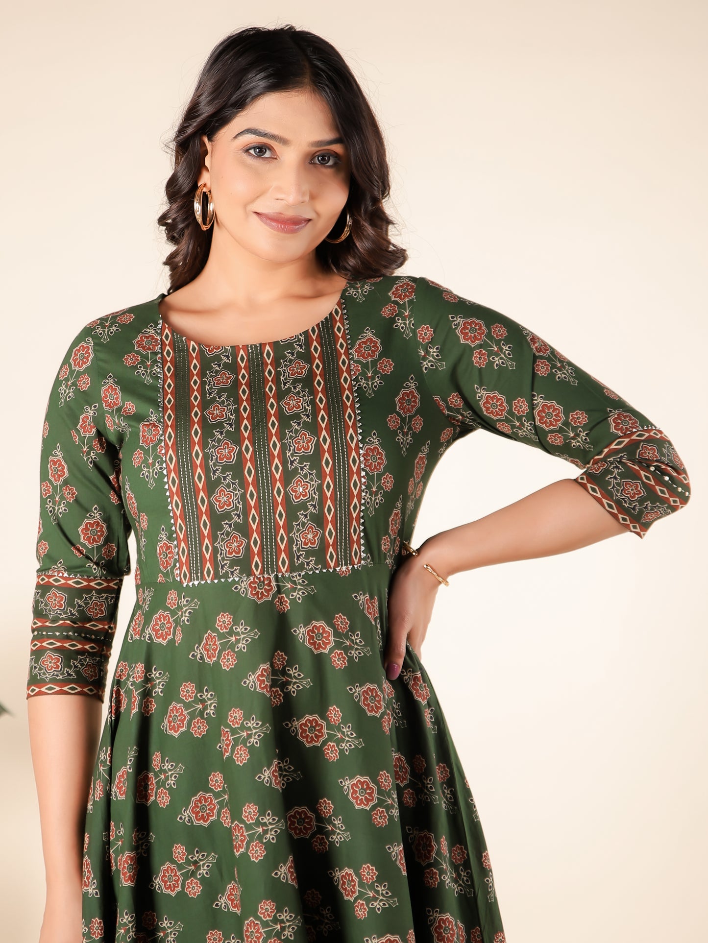 Embroidered Soft Cotton Block Print Anarkali Green Kurta