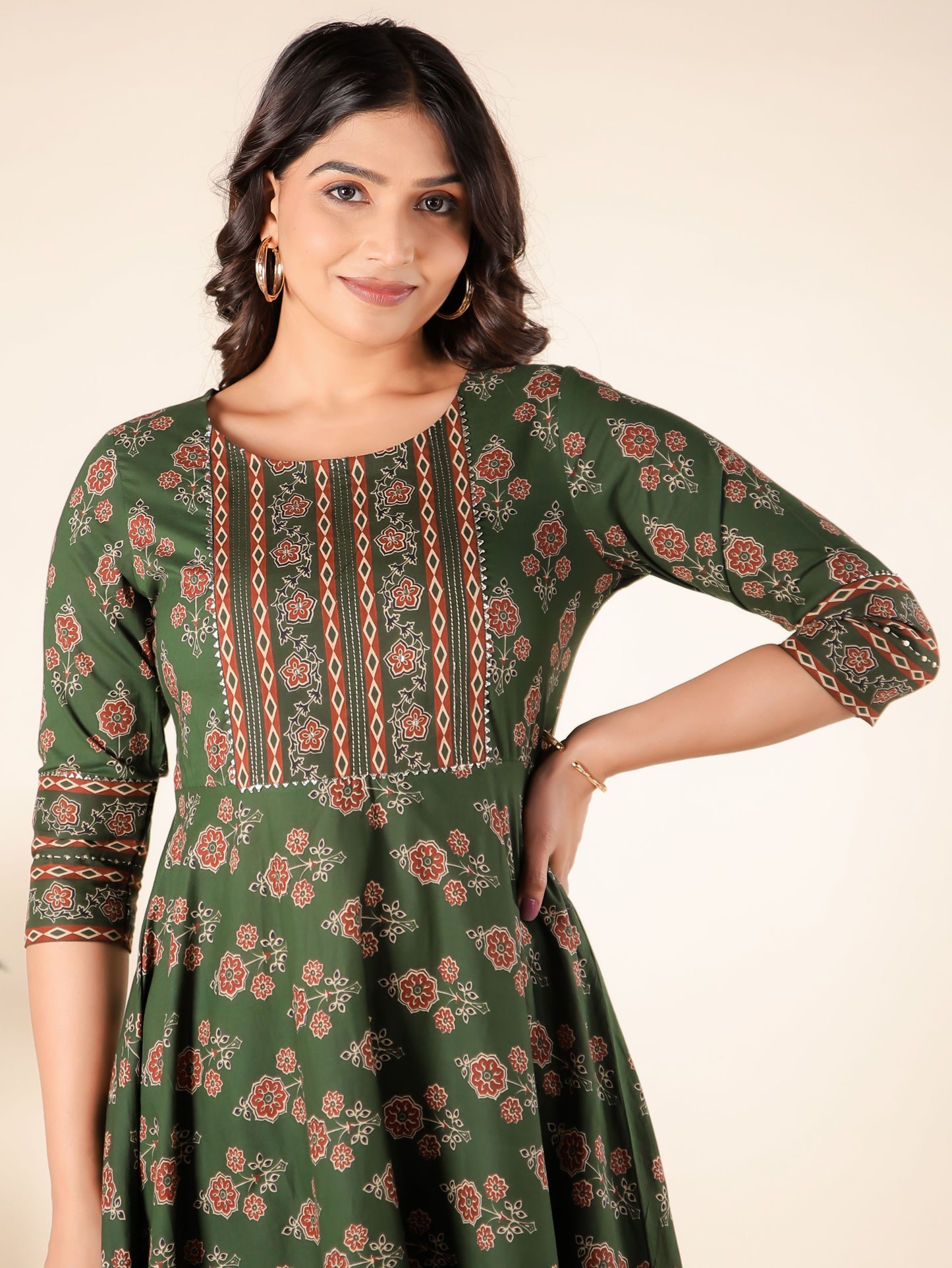 Embroidered Soft Cotton Block Print Anarkali Green Kurta
