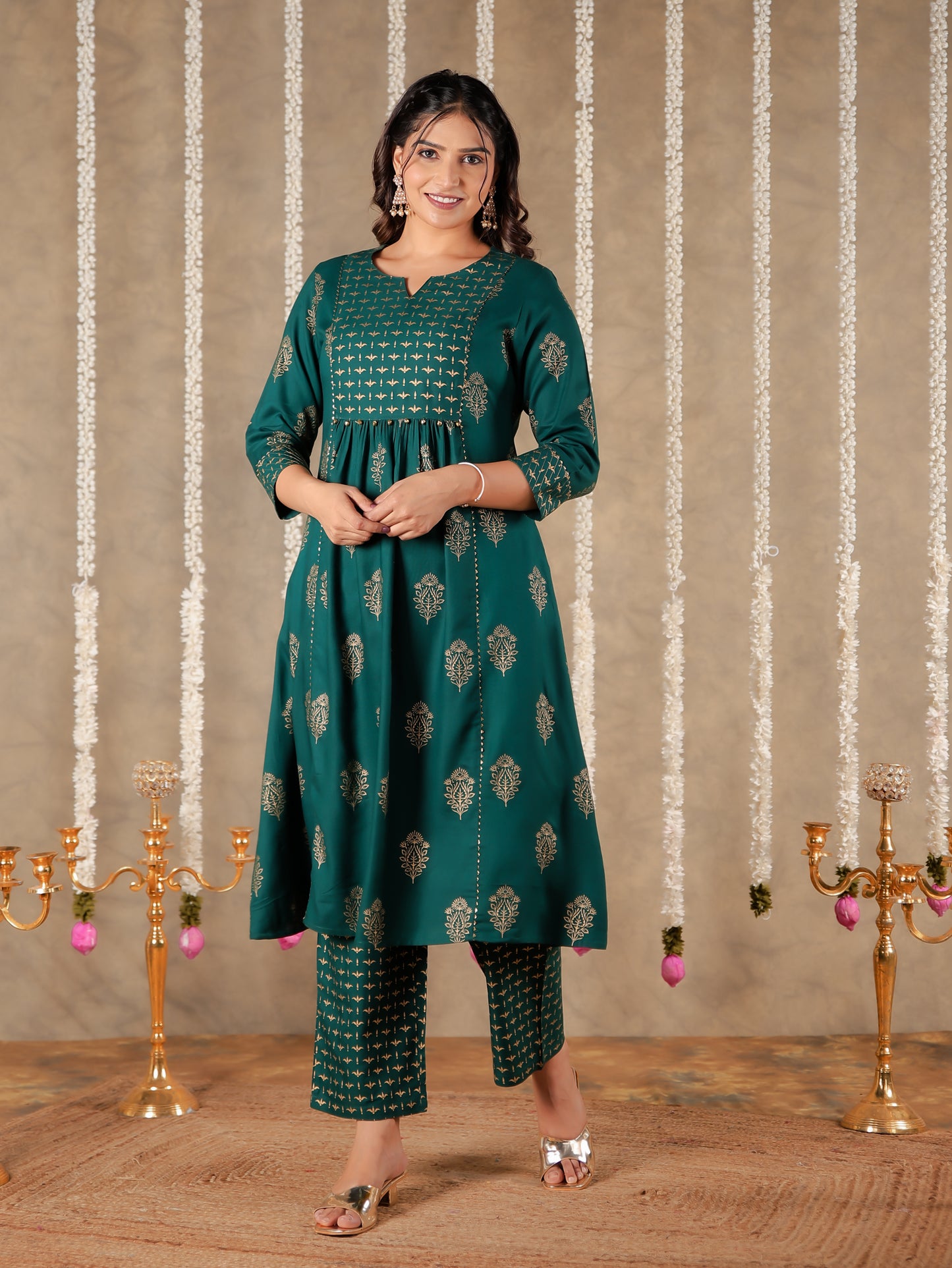 Viscose Block Print Flared Emerald Green Kurta