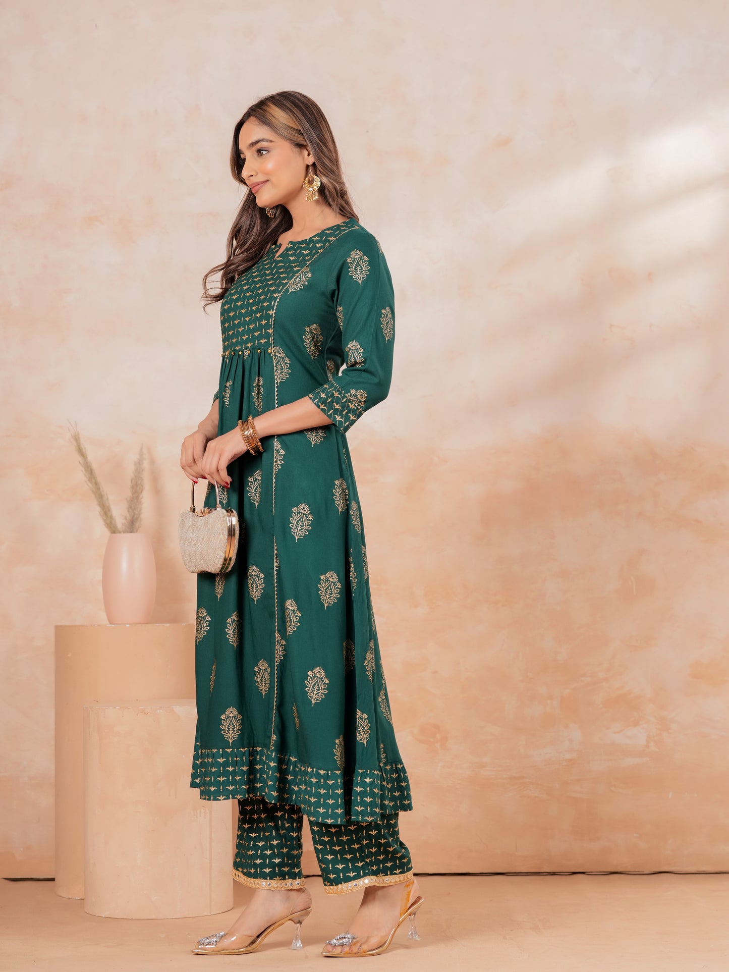 Viscose Block Print Flared Emerald Green Kurta