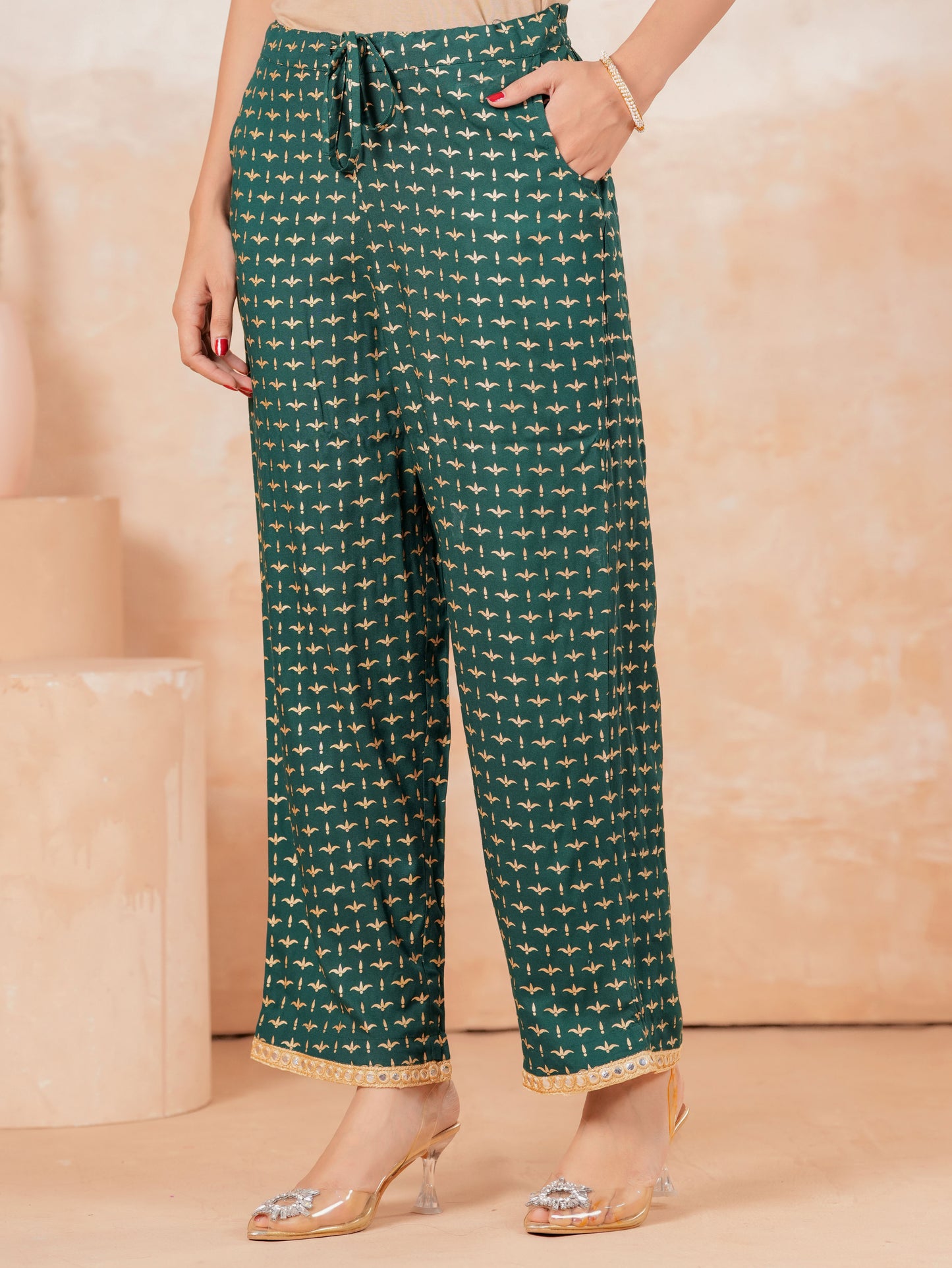 Viscose Block Print Emerald Green Straight Trousers