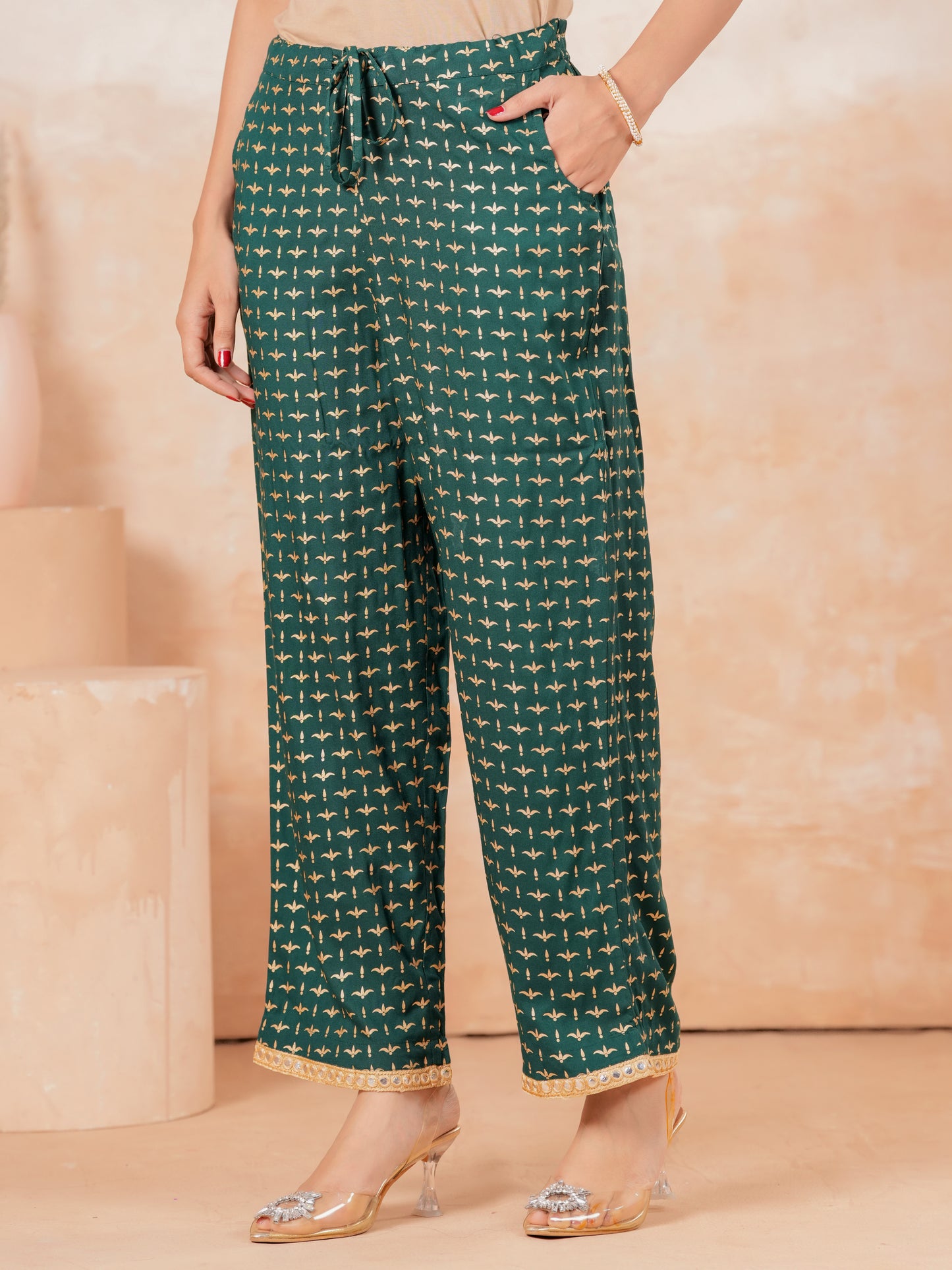 Viscose Block Panelled Green Kurta