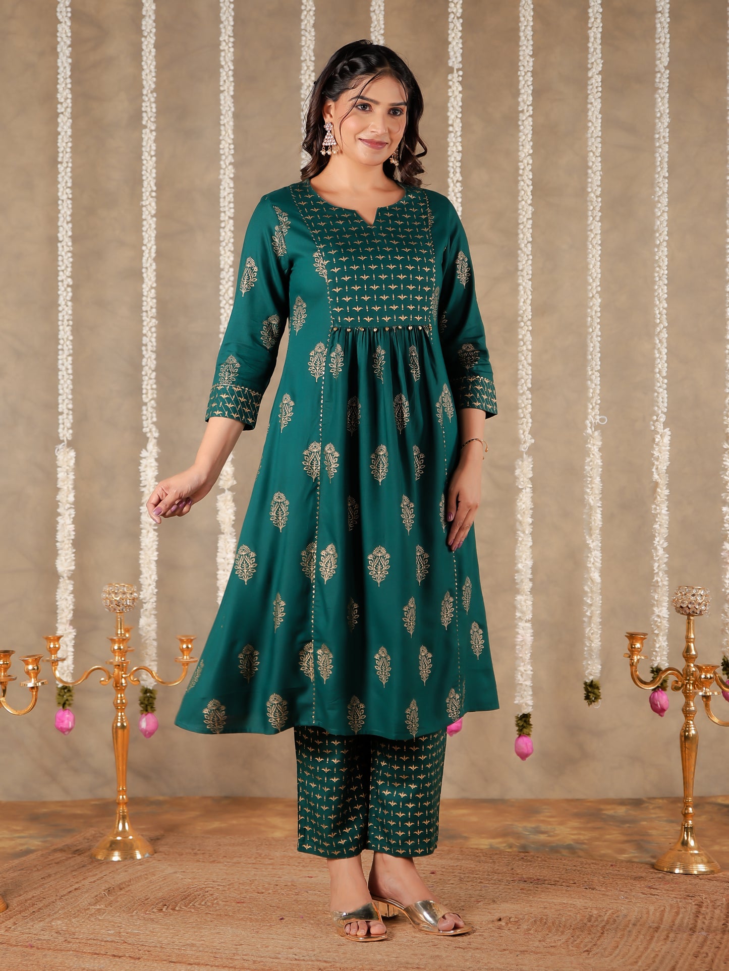 Viscose Block Print Flared Emerald Green Kurta