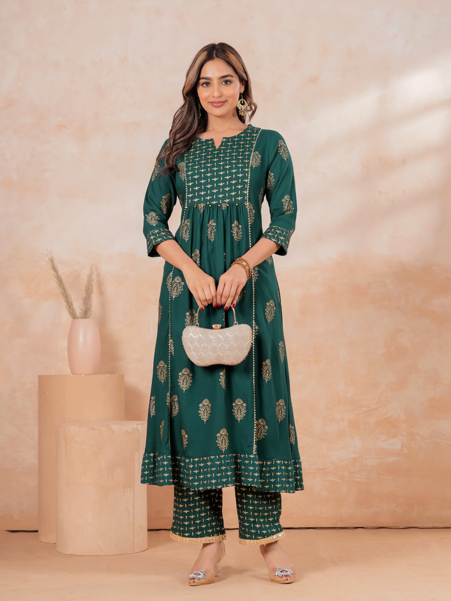 Viscose Block Print Flared Emerald Green Kurta