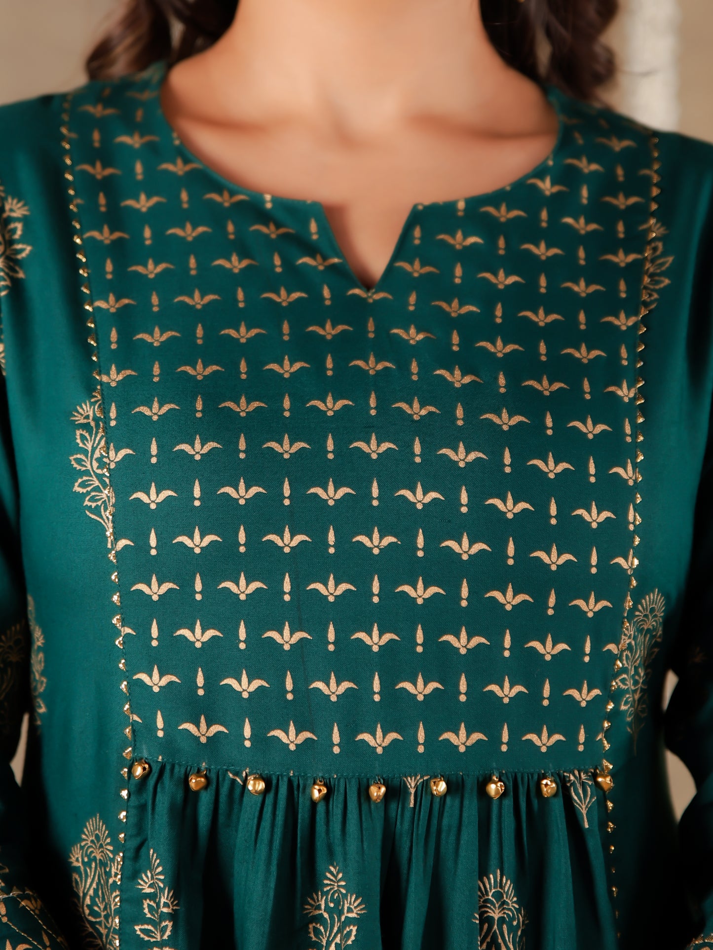 Viscose Block Print Flared Emerald Green Kurta