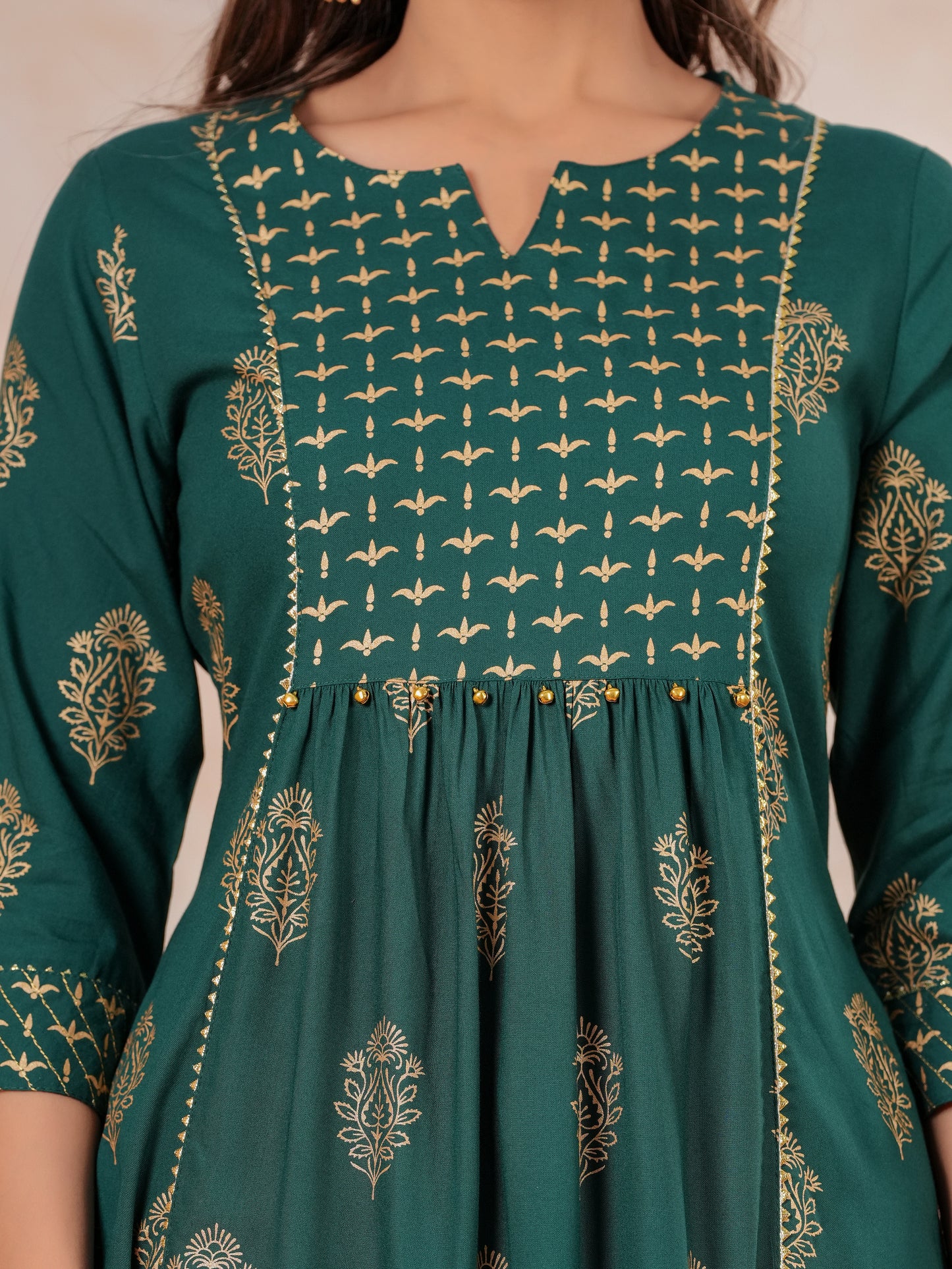 Viscose Block Print Flared Emerald Green Kurta