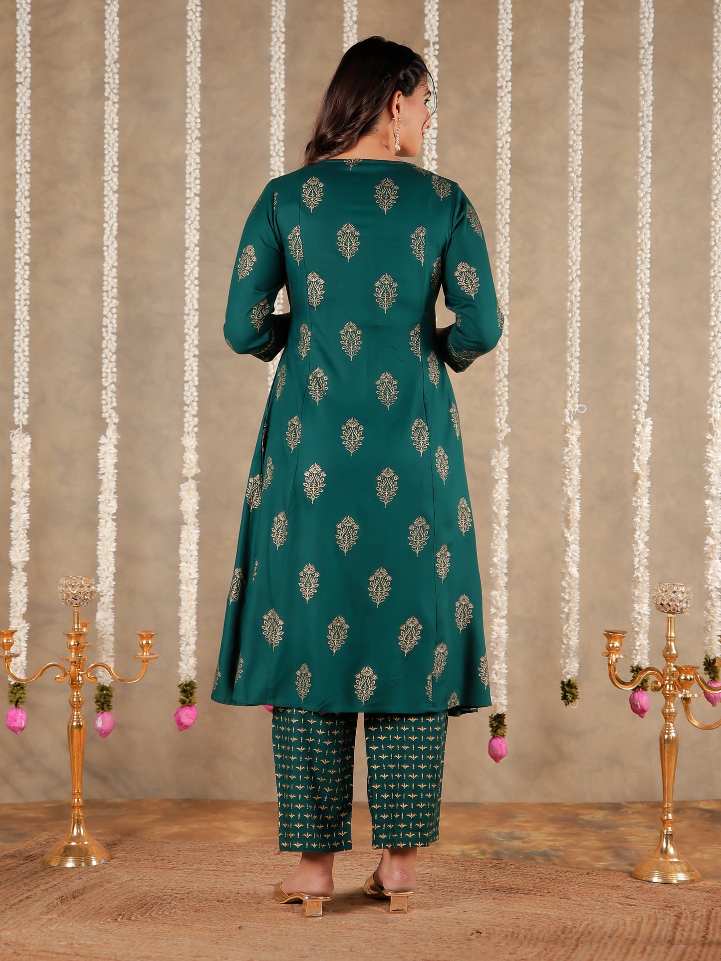 Viscose Block Print Flared Emerald Green Kurta