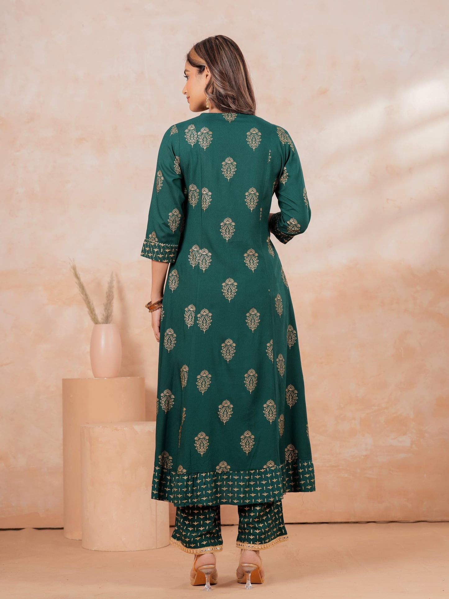 Viscose Block Print Flared Emerald Green Kurta