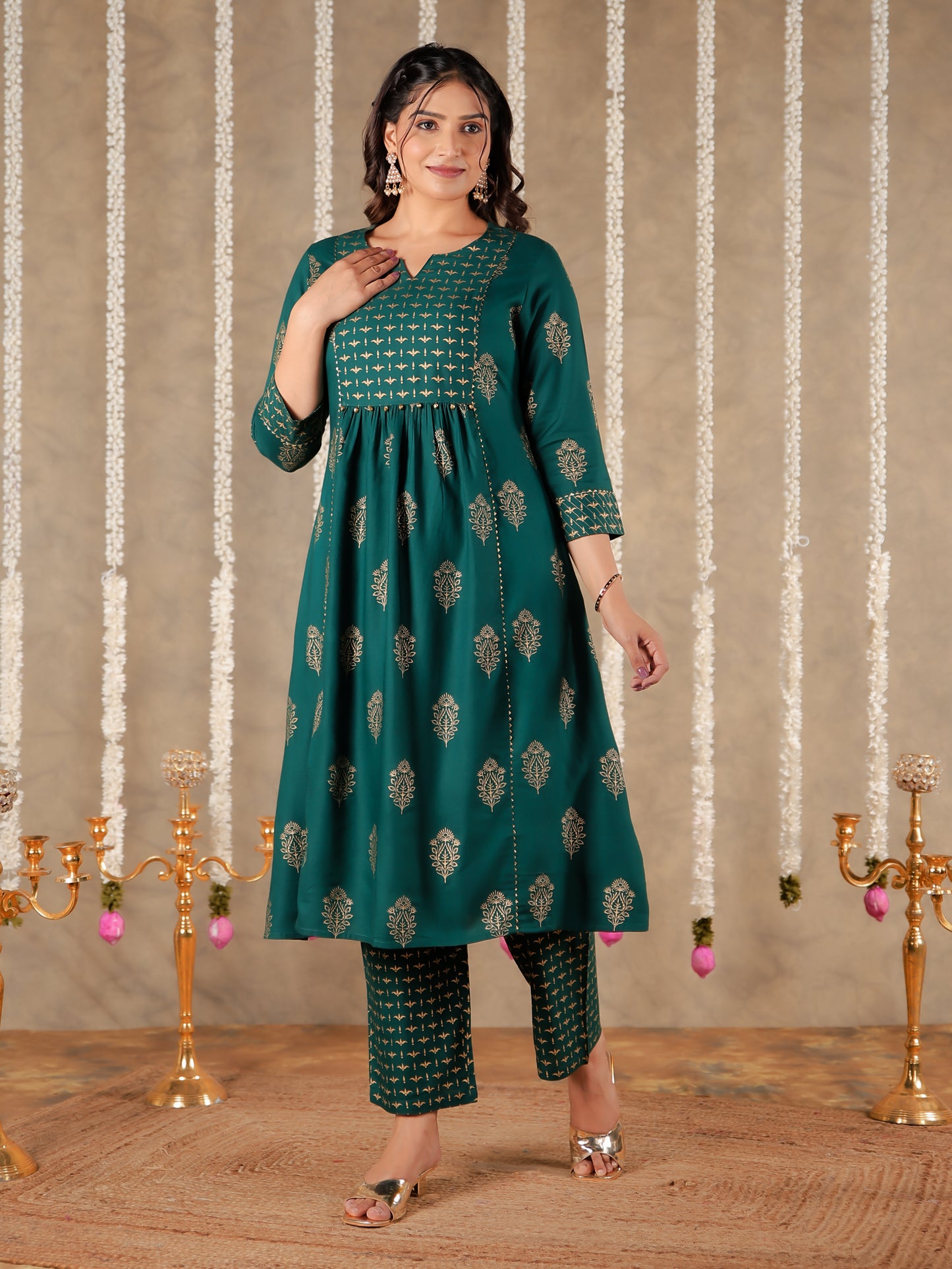 Viscose Block Print Flared Emerald Green Kurta