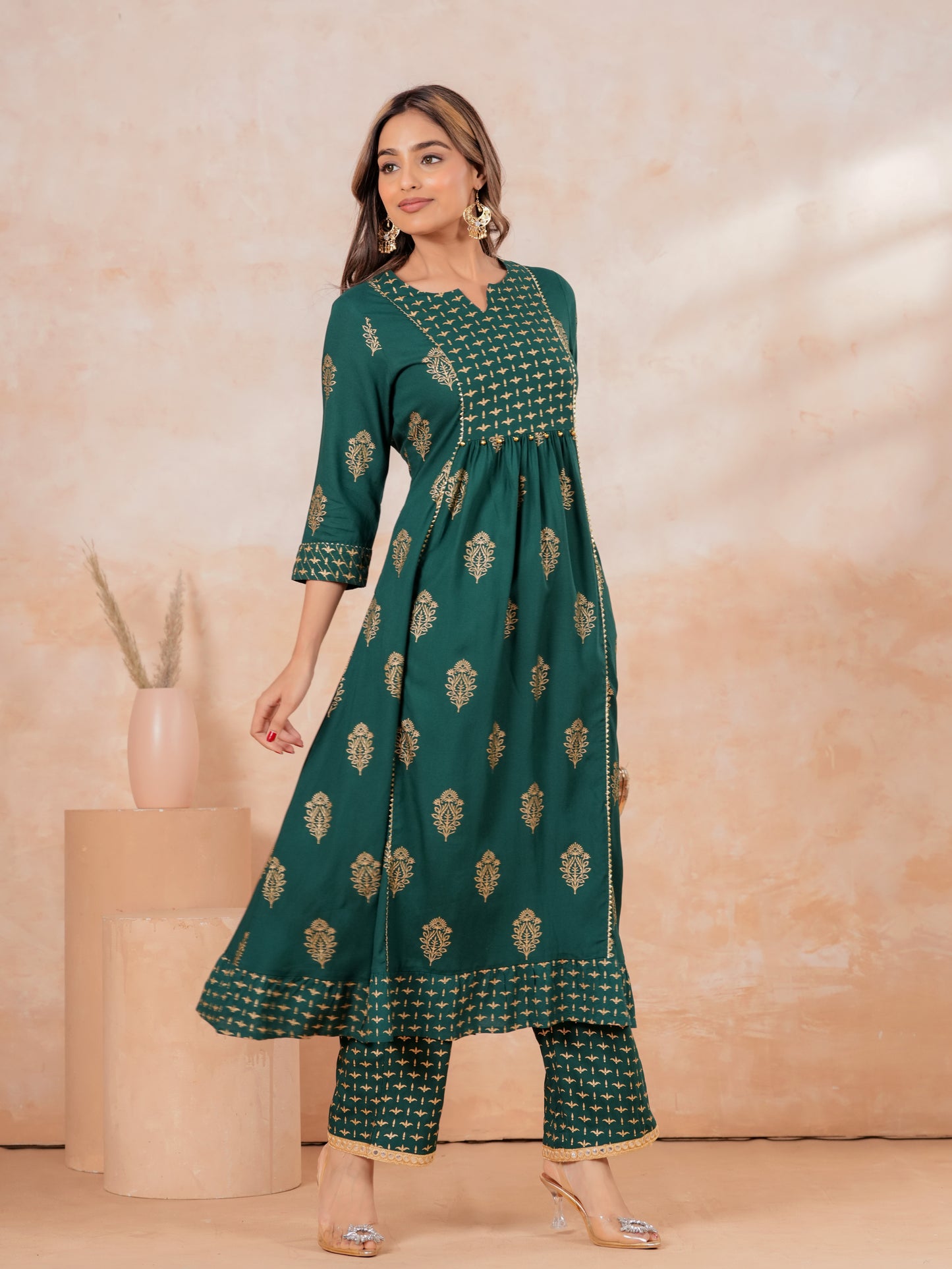 Viscose Block Print Flared Emerald Green Kurta