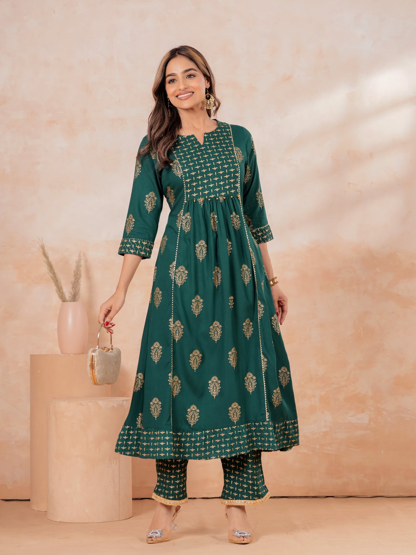 Viscose Block Print Flared Emerald Green Kurta