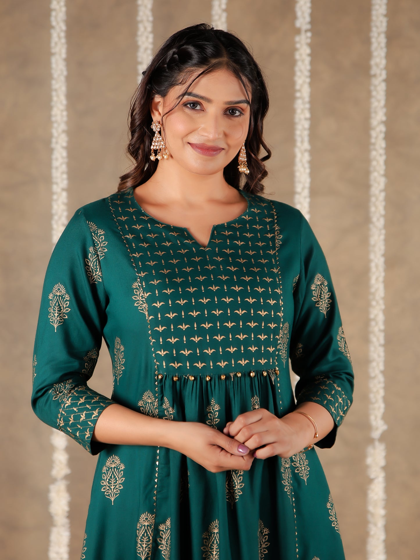 Viscose Block Print Flared Emerald Green Kurta