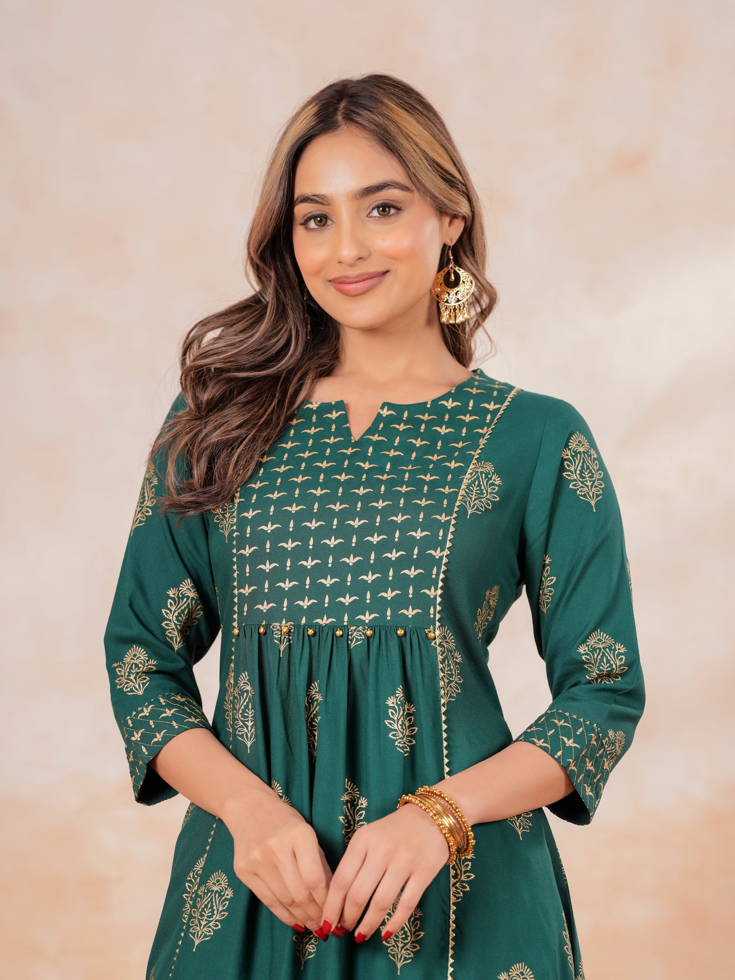 Viscose Block Print Flared Emerald Green Kurta