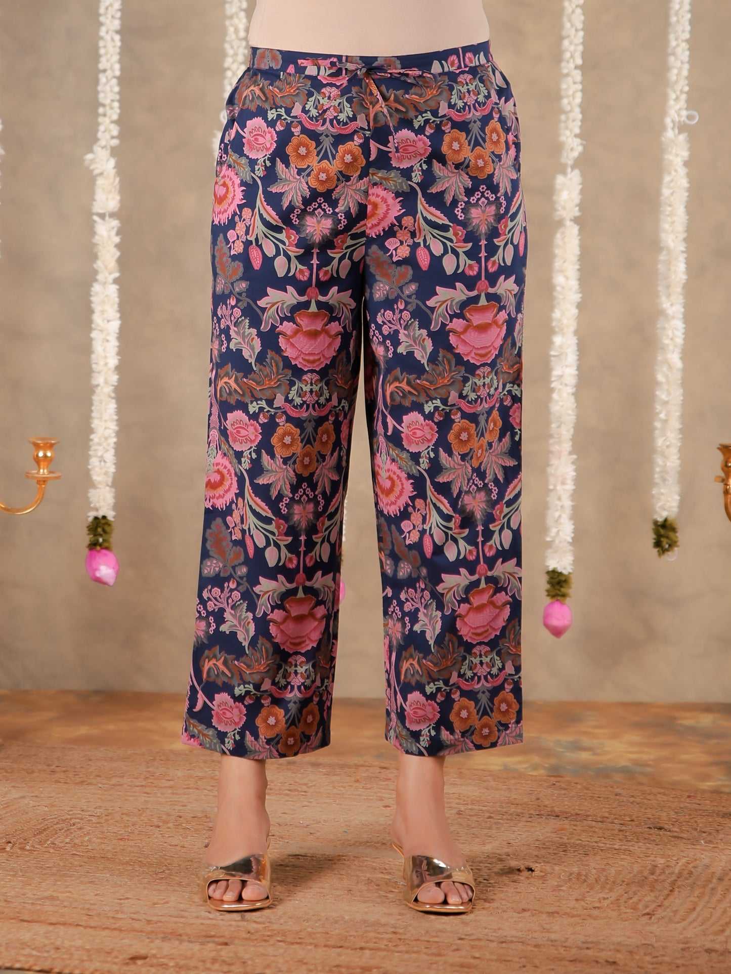 Soft Cotton Floral Navy Blue Straight Trousers