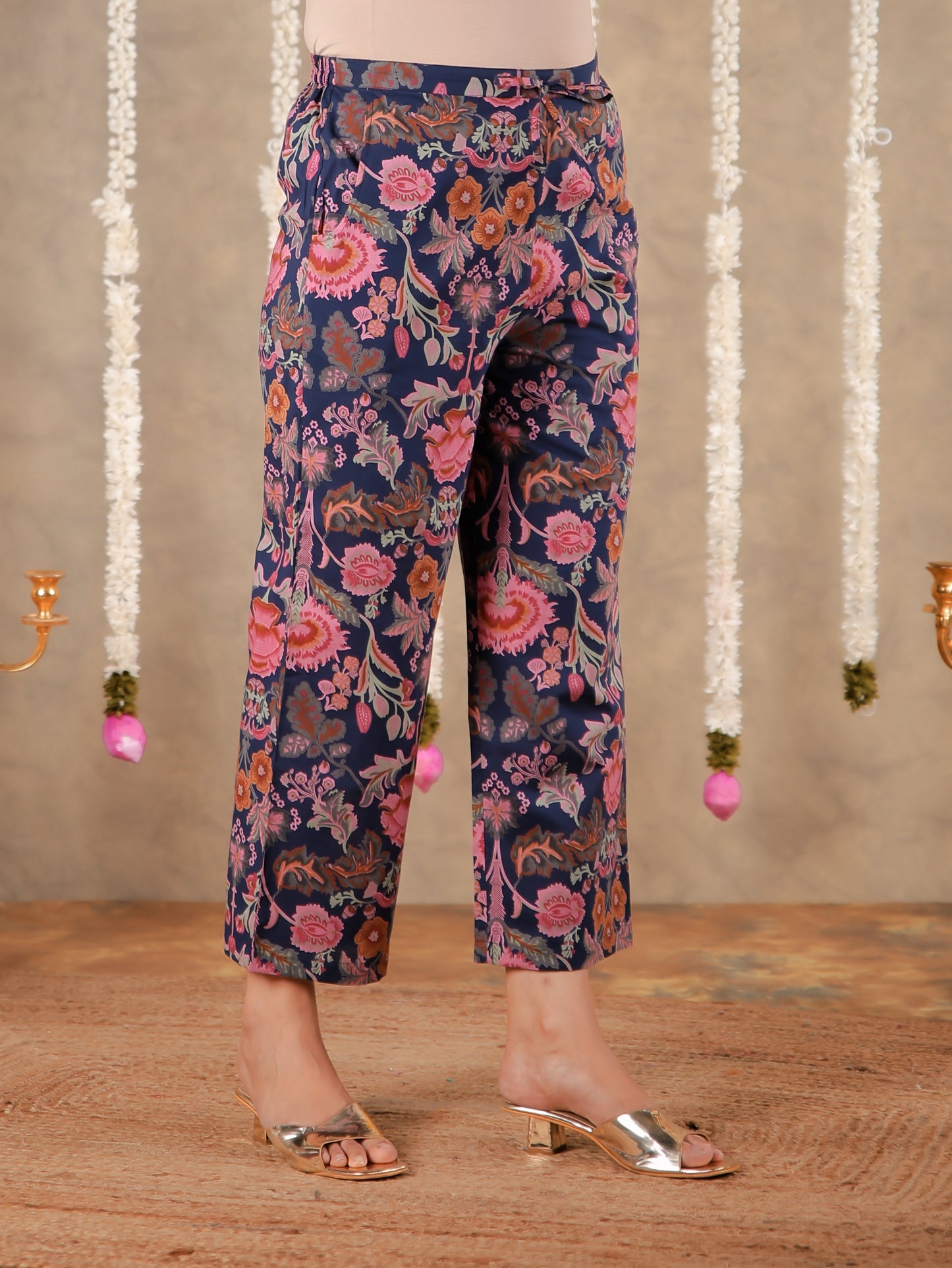 Soft Cotton Floral Navy Blue Straight Trousers