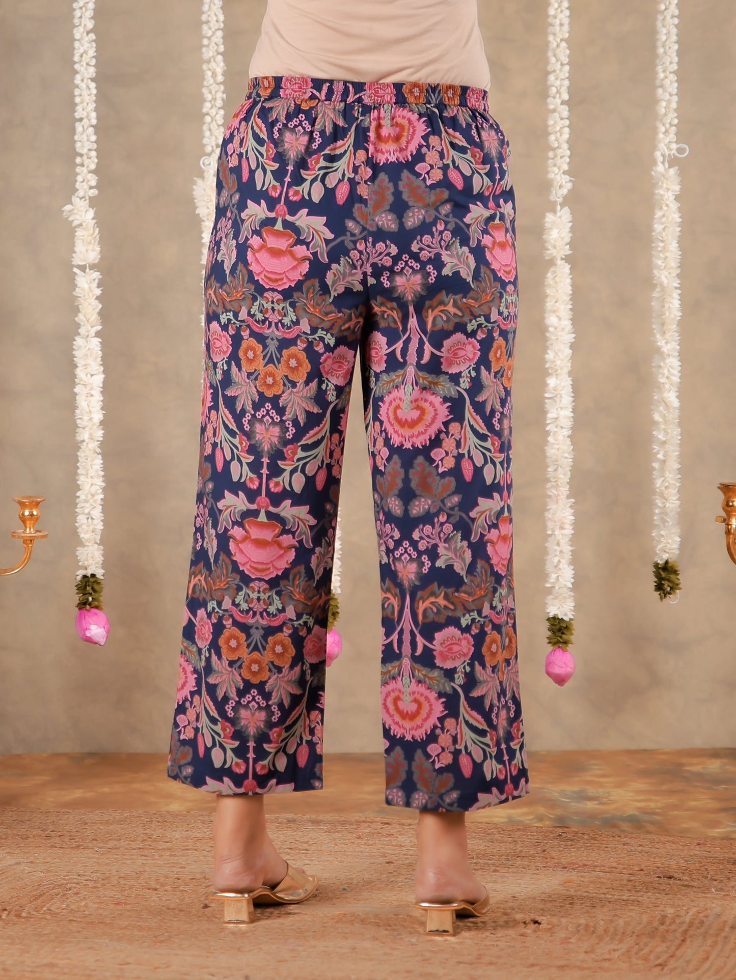Soft Cotton Floral Navy Blue Straight Trousers