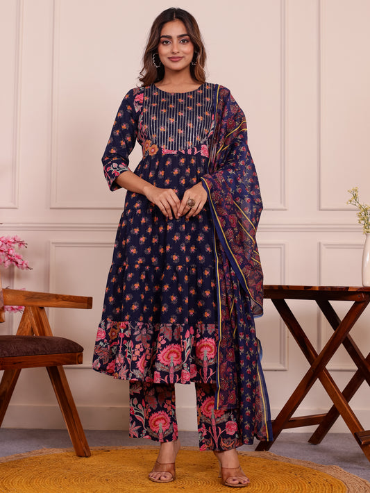 Cotton Voile Floral Navy Blue Dupatta