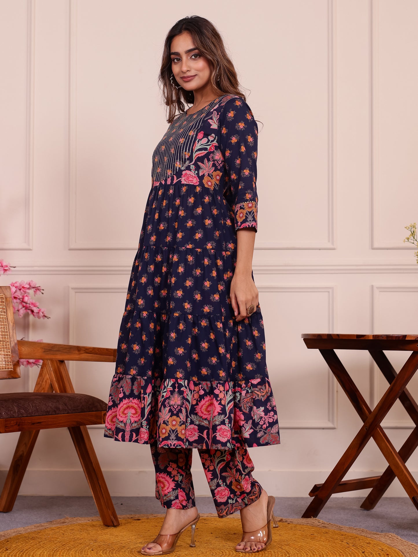 Embroidered Soft Cotton Floral Anarkali Navy Blue Kurta