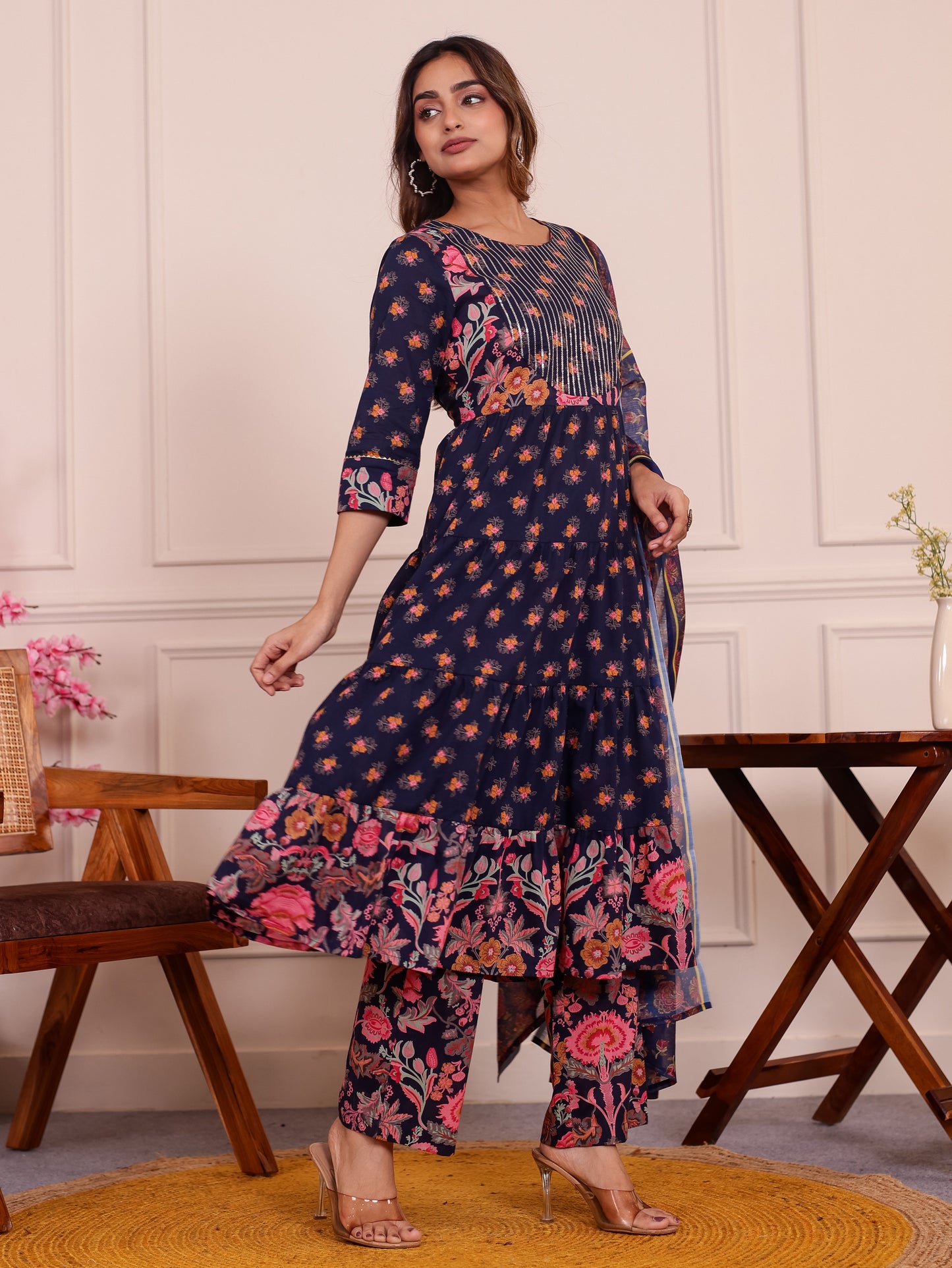 Embroidered Soft Cotton Floral Anarkali Navy Blue Kurta