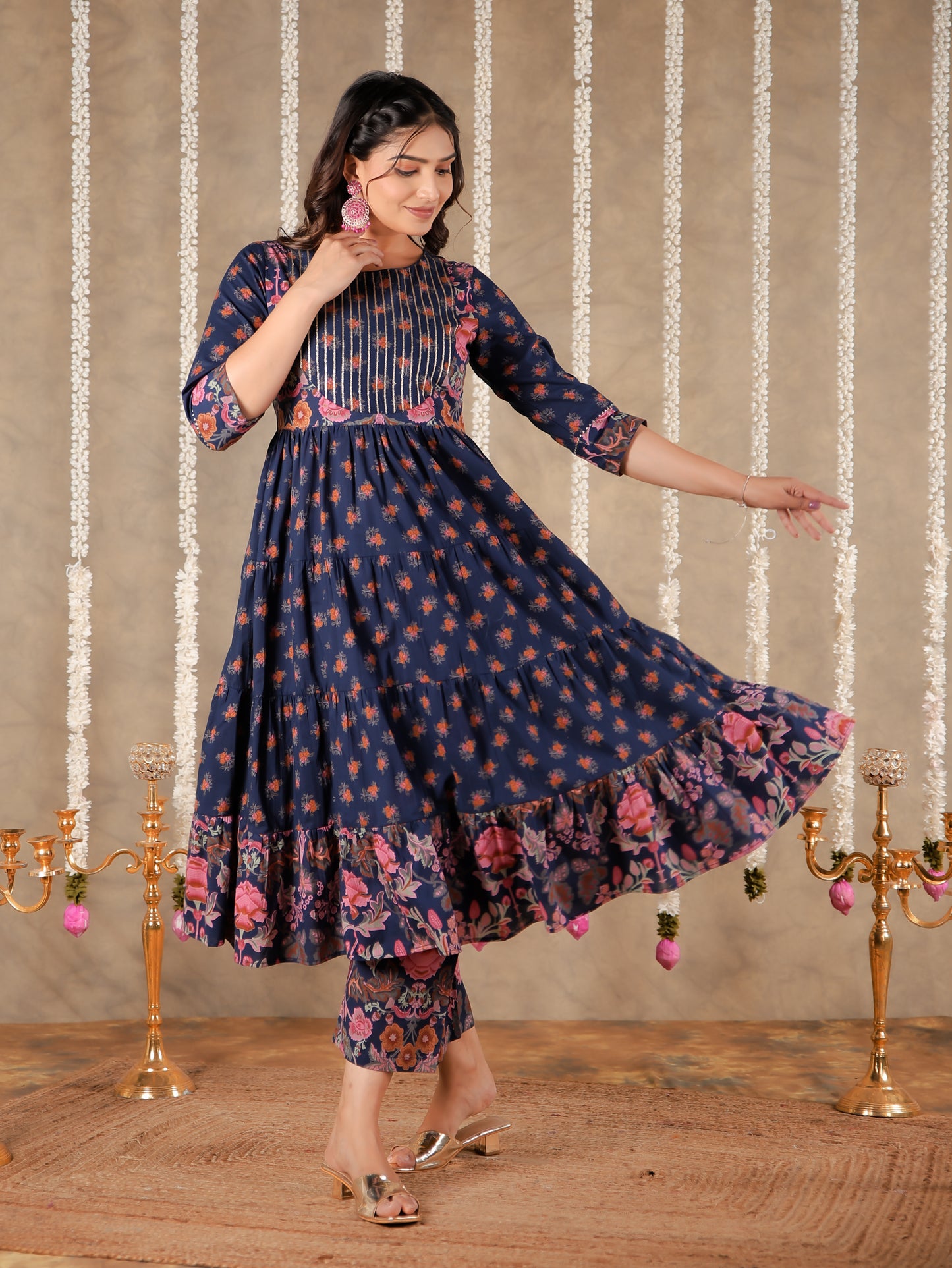 Embroidered Soft Cotton Floral Anarkali Navy Blue Kurta