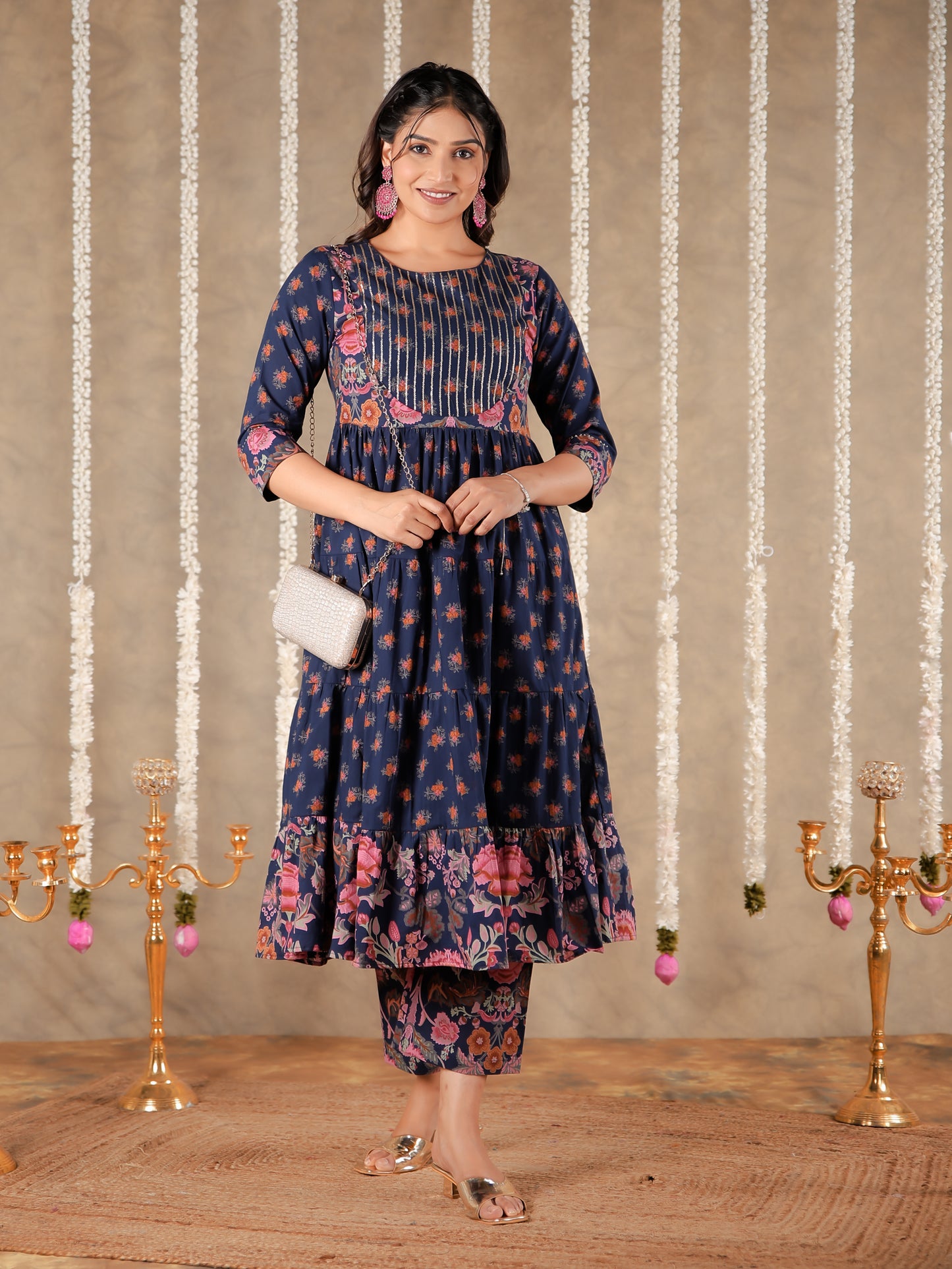 Embroidered Soft Cotton Floral Anarkali Navy Blue Kurta