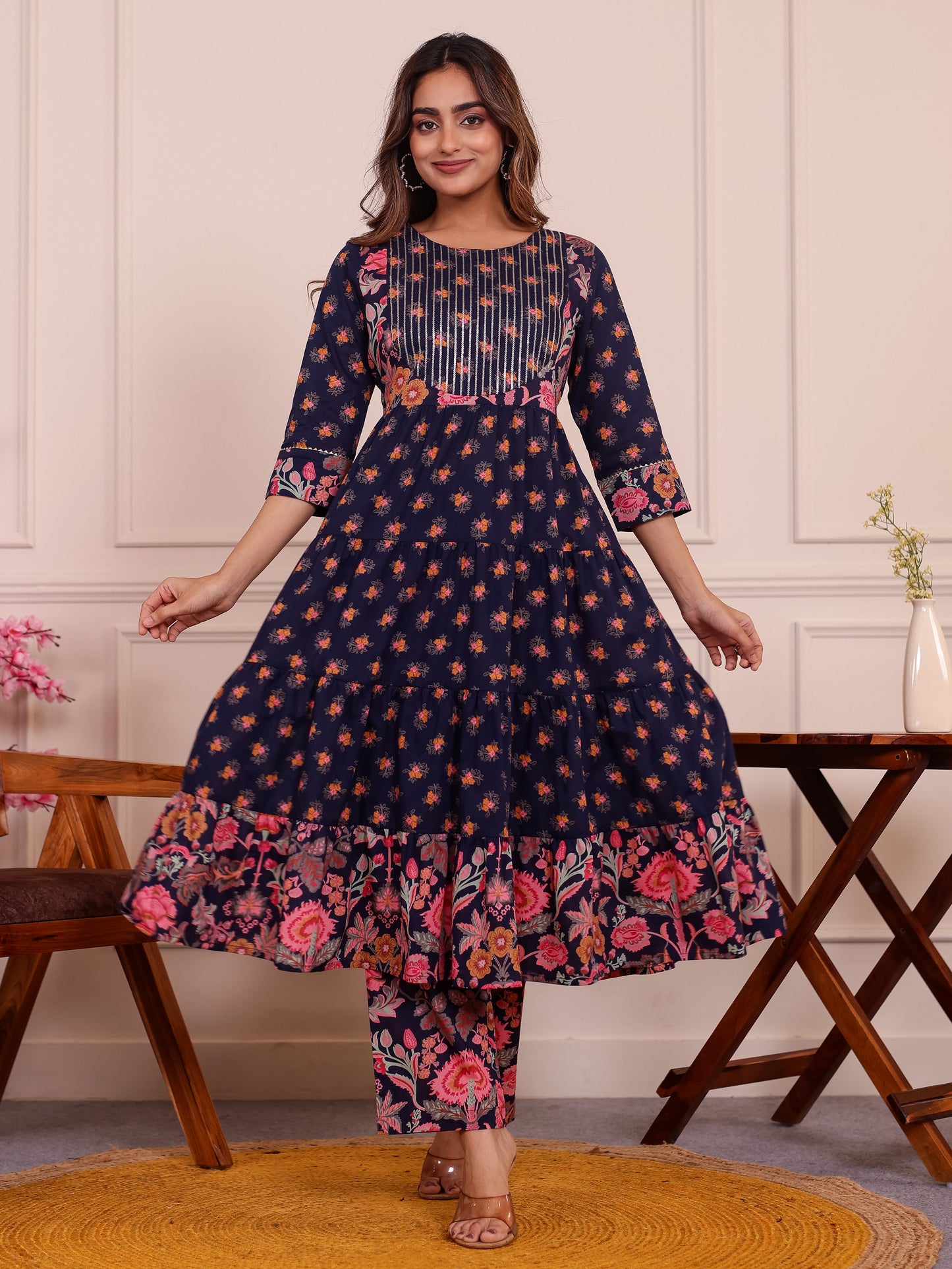 Embroidered Soft Cotton Floral Anarkali Navy Blue Kurta
