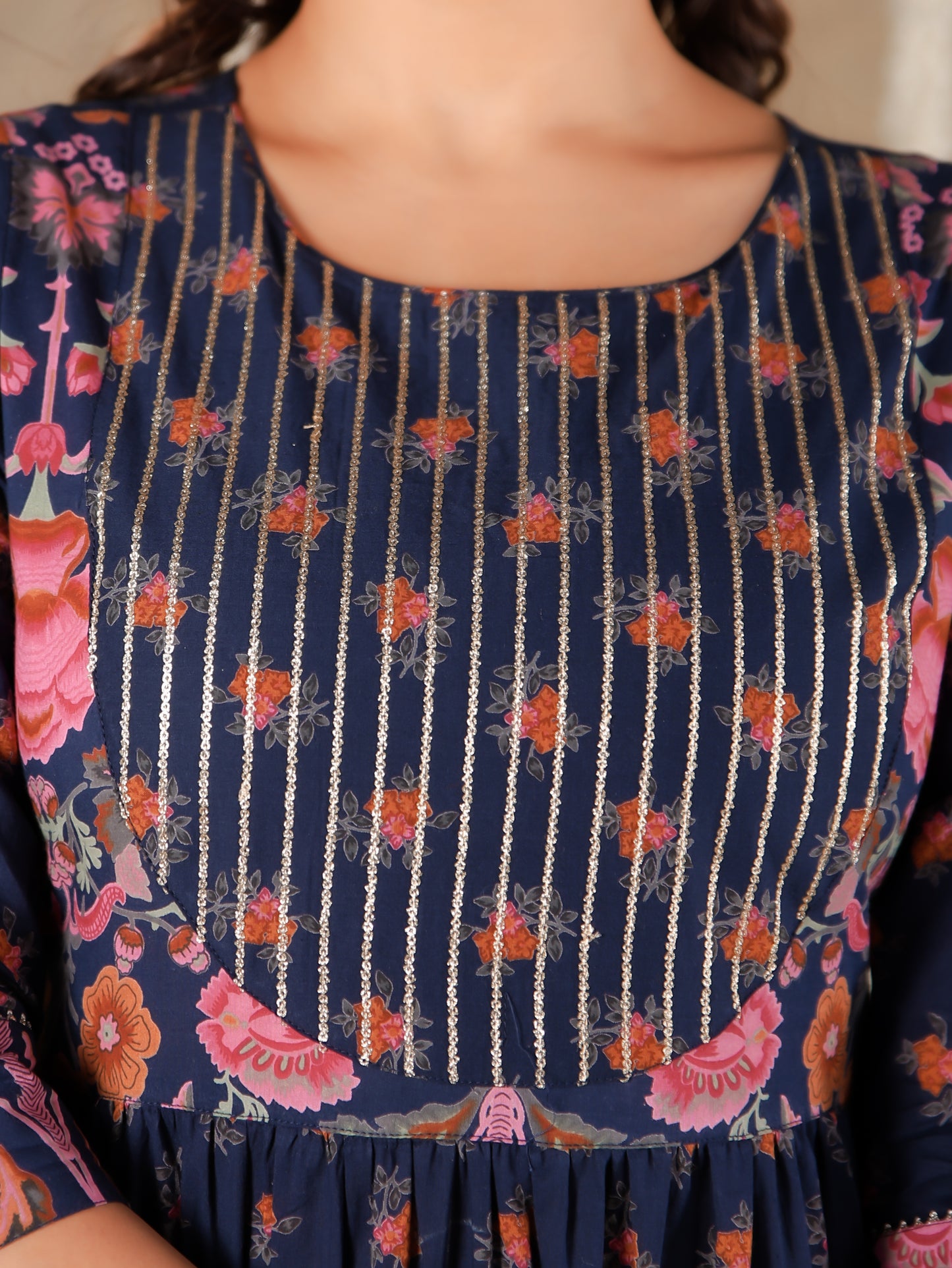 Embroidered Soft Cotton Floral Anarkali Navy Blue Kurta