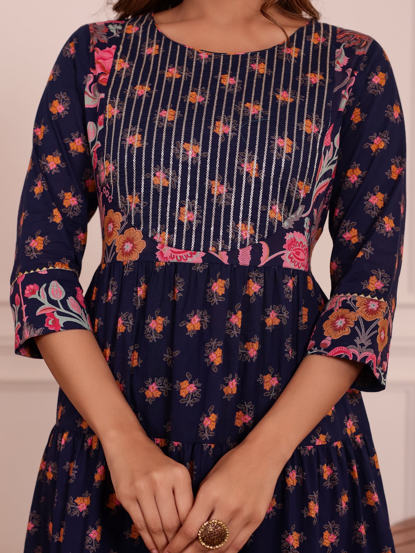 Embroidered Soft Cotton Floral Anarkali Navy Blue Kurta